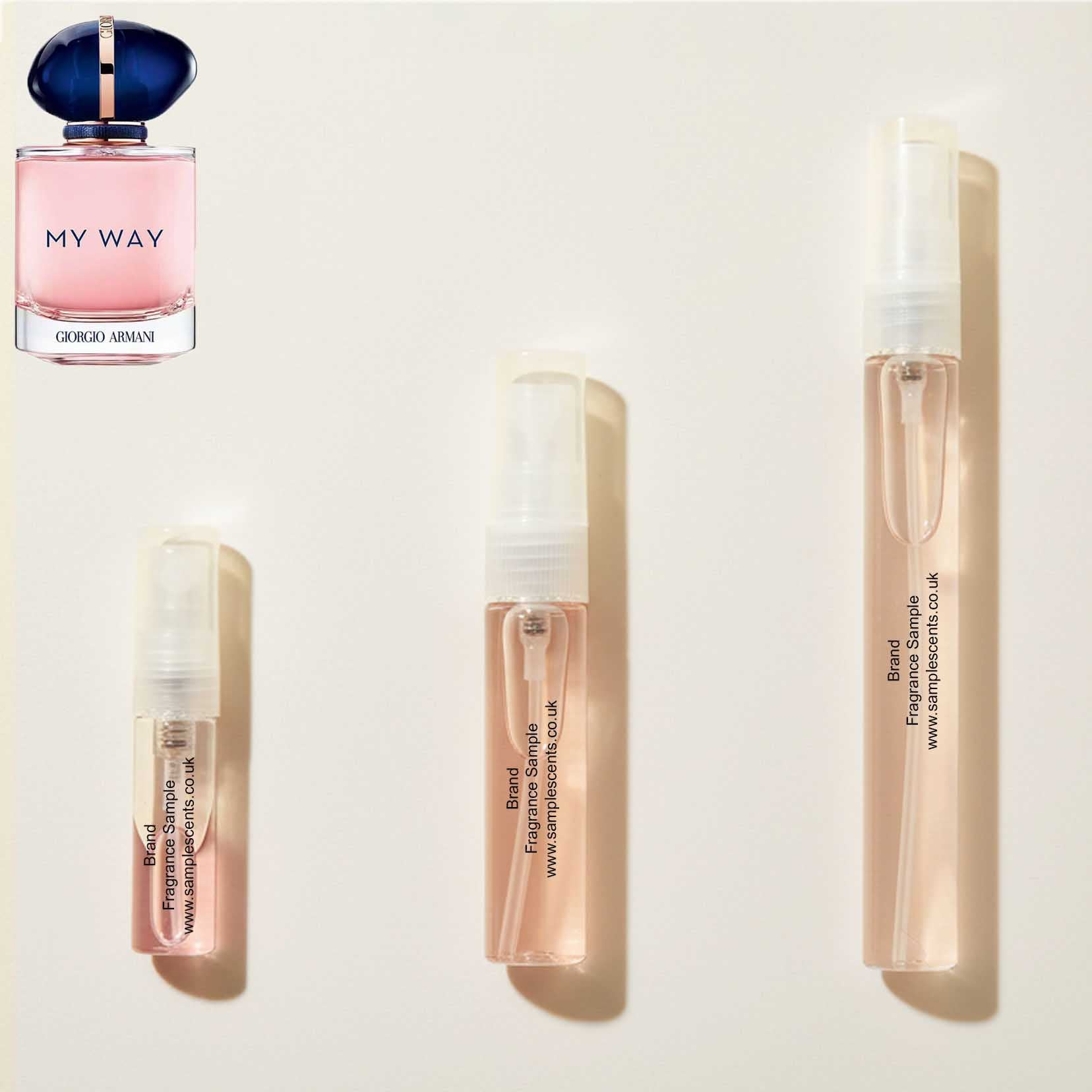 Perfume sample atomisers shown for size reference, hand-decanted from Armani My Way bottle.