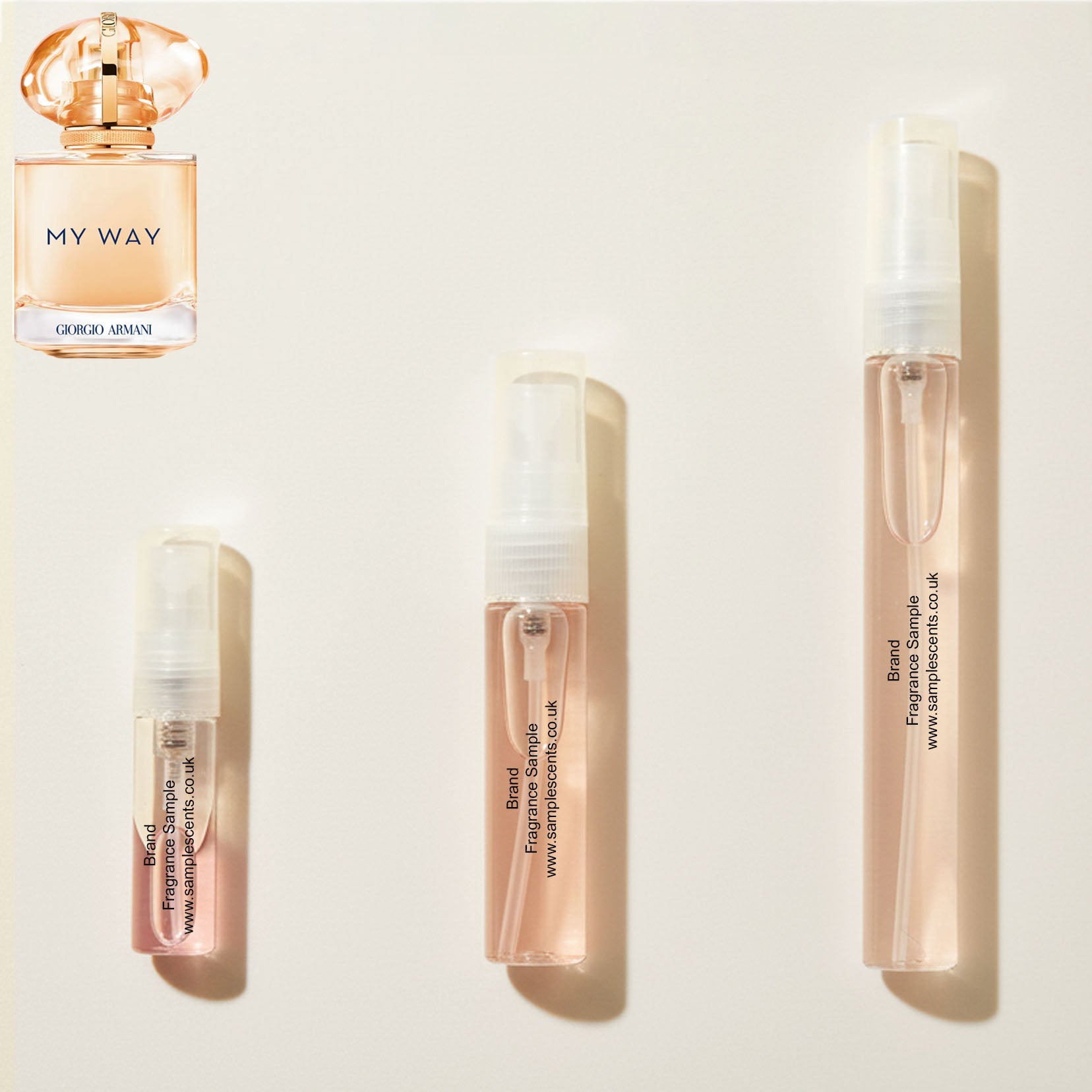 Perfume sample atomisers shown for size reference, hand-decanted from Armani My Way Sunny Vanilla bottle.