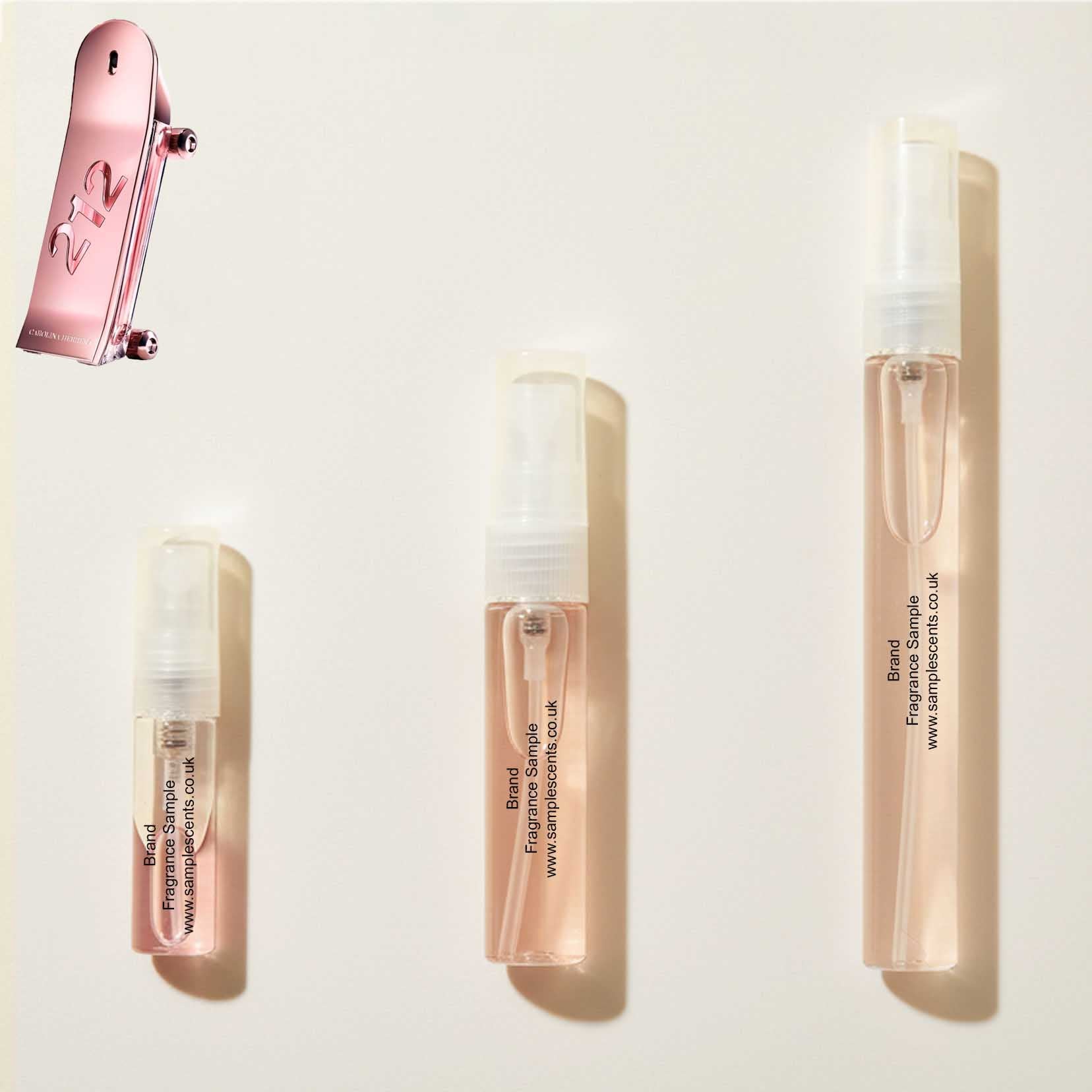 Perfume sample atomisers shown for size reference, hand-decanted from Carolina Herrera 212 Heroes For Her bottle.