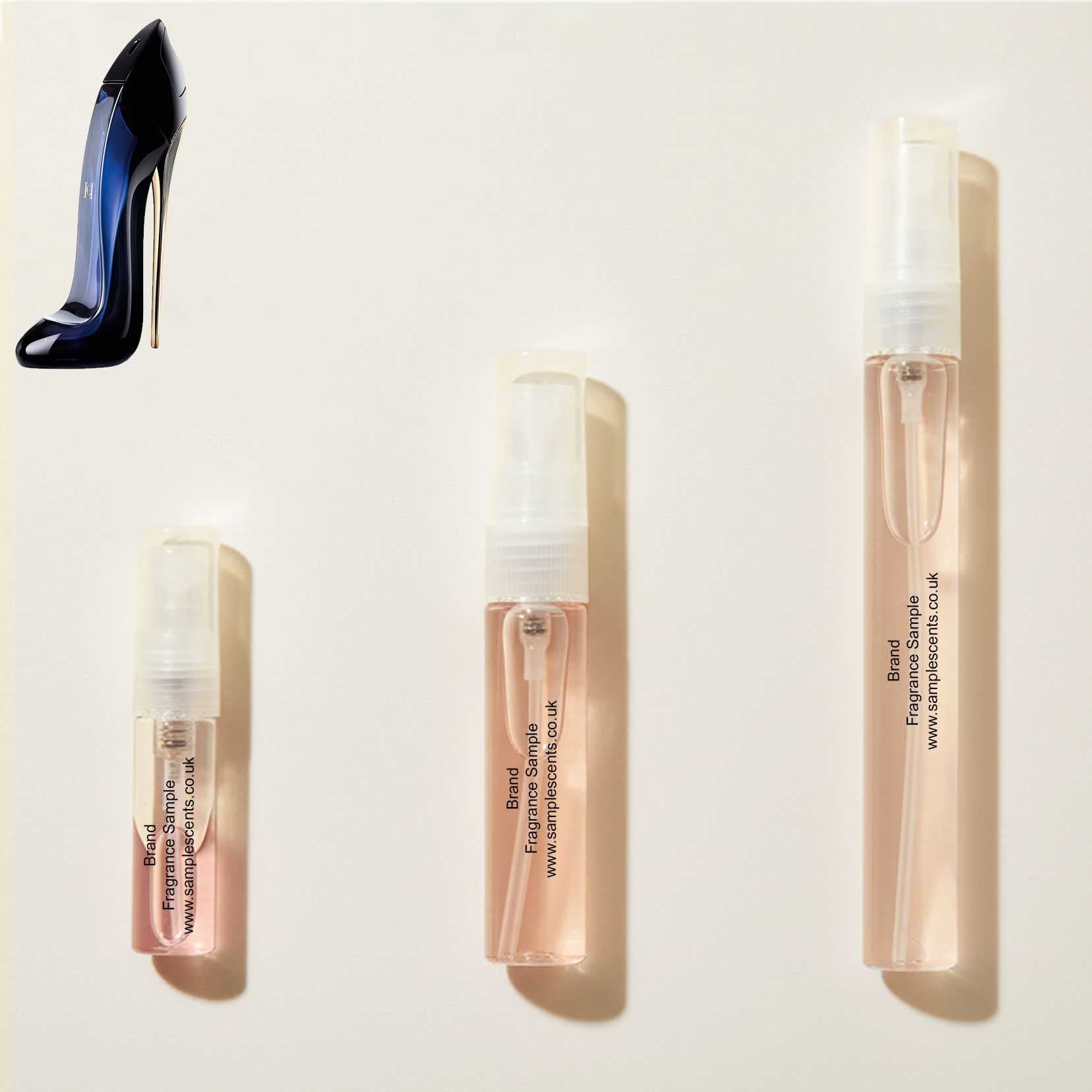 Perfume sample atomisers shown for size reference, hand-decanted from Carolina Herrera Good Girl bottle.