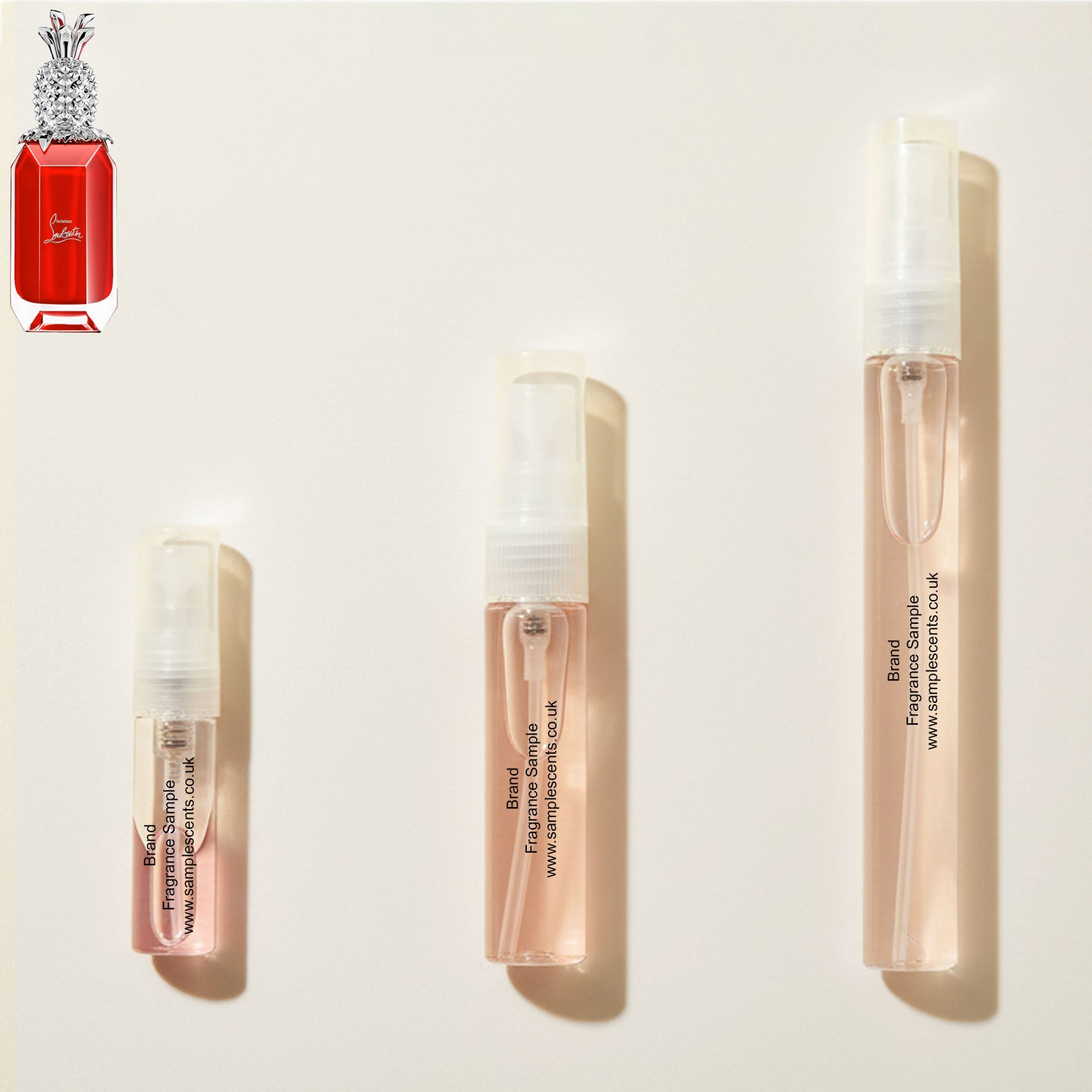 Perfume sample atomisers shown for size reference, hand-decanted from Christian Louboutin Loubifunk bottle.