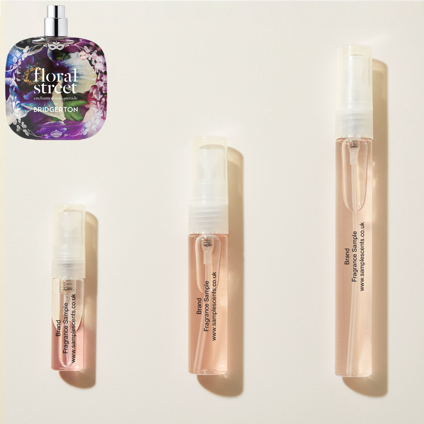 Perfume sample atomisers shown for size reference, hand-decanted from Floral Street Enchanted Masquerade for Bridgerton bottle.