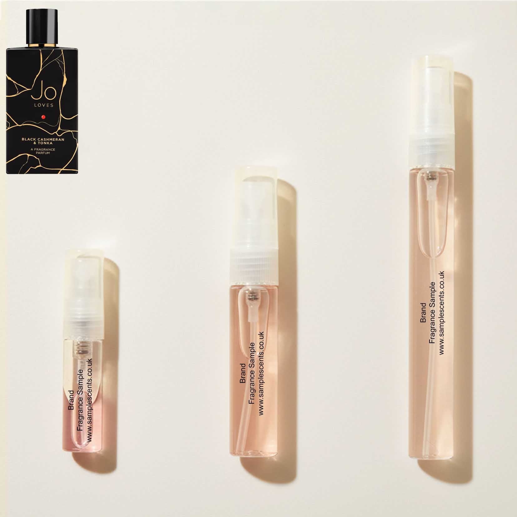 Perfume sample atomisers shown for size reference, hand-decanted from Jo Loves Black Cashmeran & Tonka bottle.