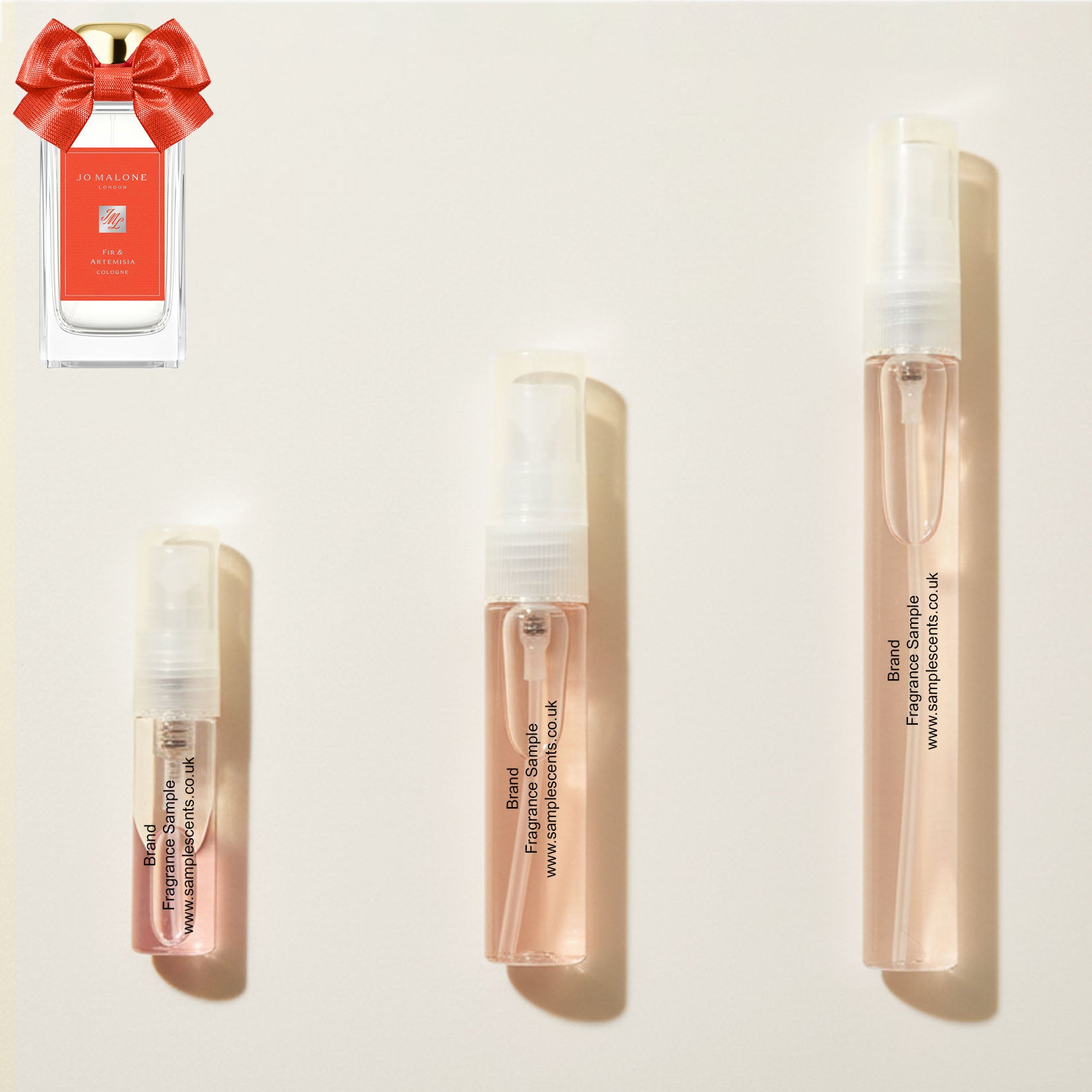 Perfume sample atomisers shown for size reference, hand-decanted from Jo Malone London Fir & Artemisia bottle.