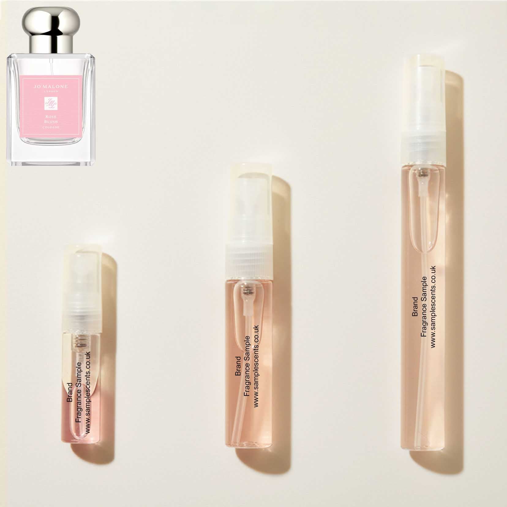 Perfume sample atomisers shown for size reference, hand-decanted from Jo Malone London Rose Blush bottle.