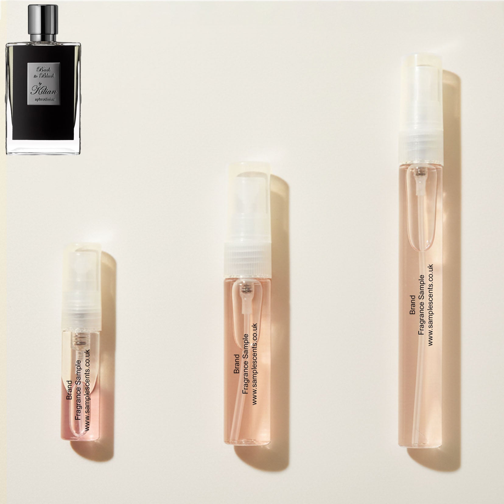 Perfume sample atomisers shown for size reference, hand-decanted from Kilian Back To Black bottle.