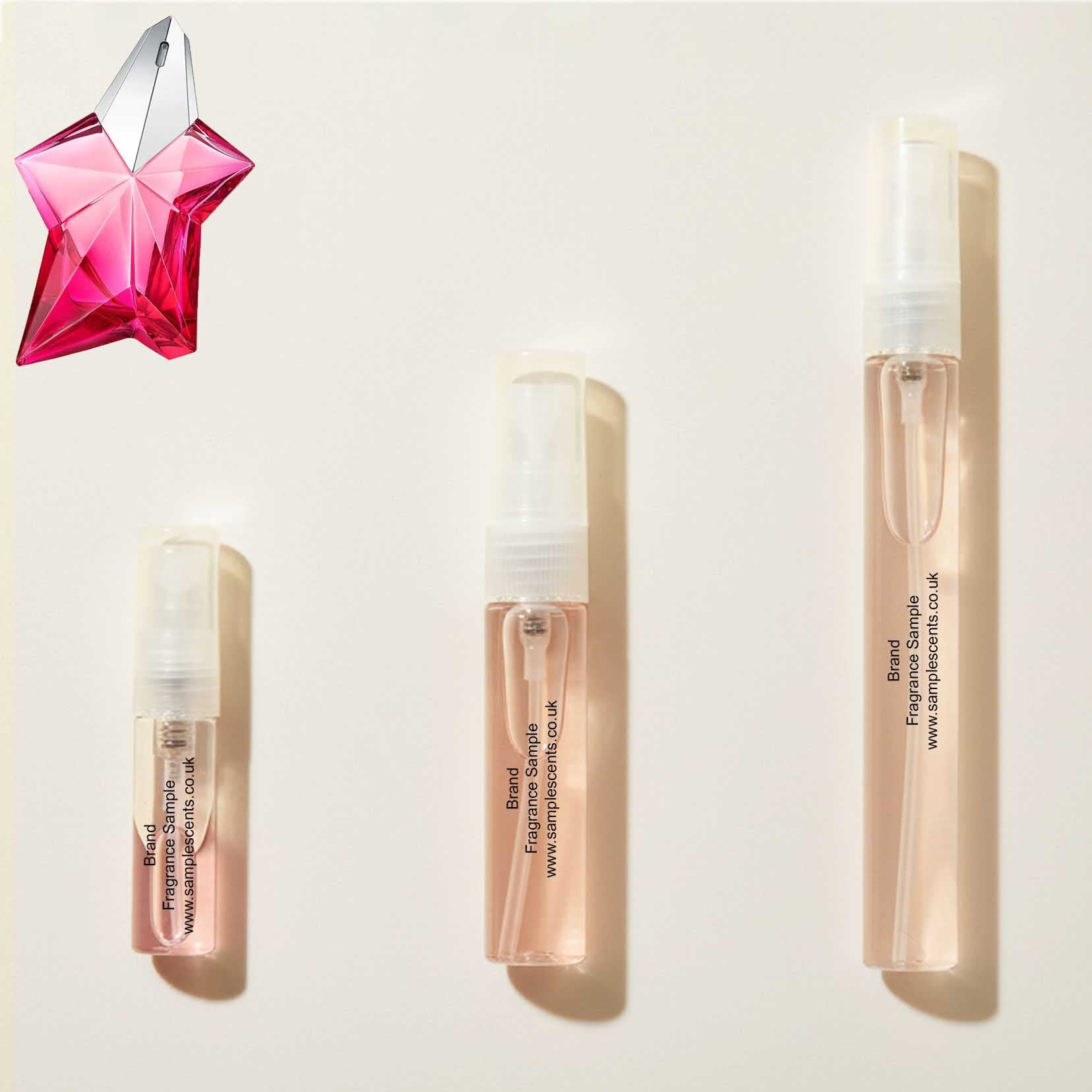 Perfume sample atomisers shown for size reference, hand-decanted from Mugler Angel Nova bottle.