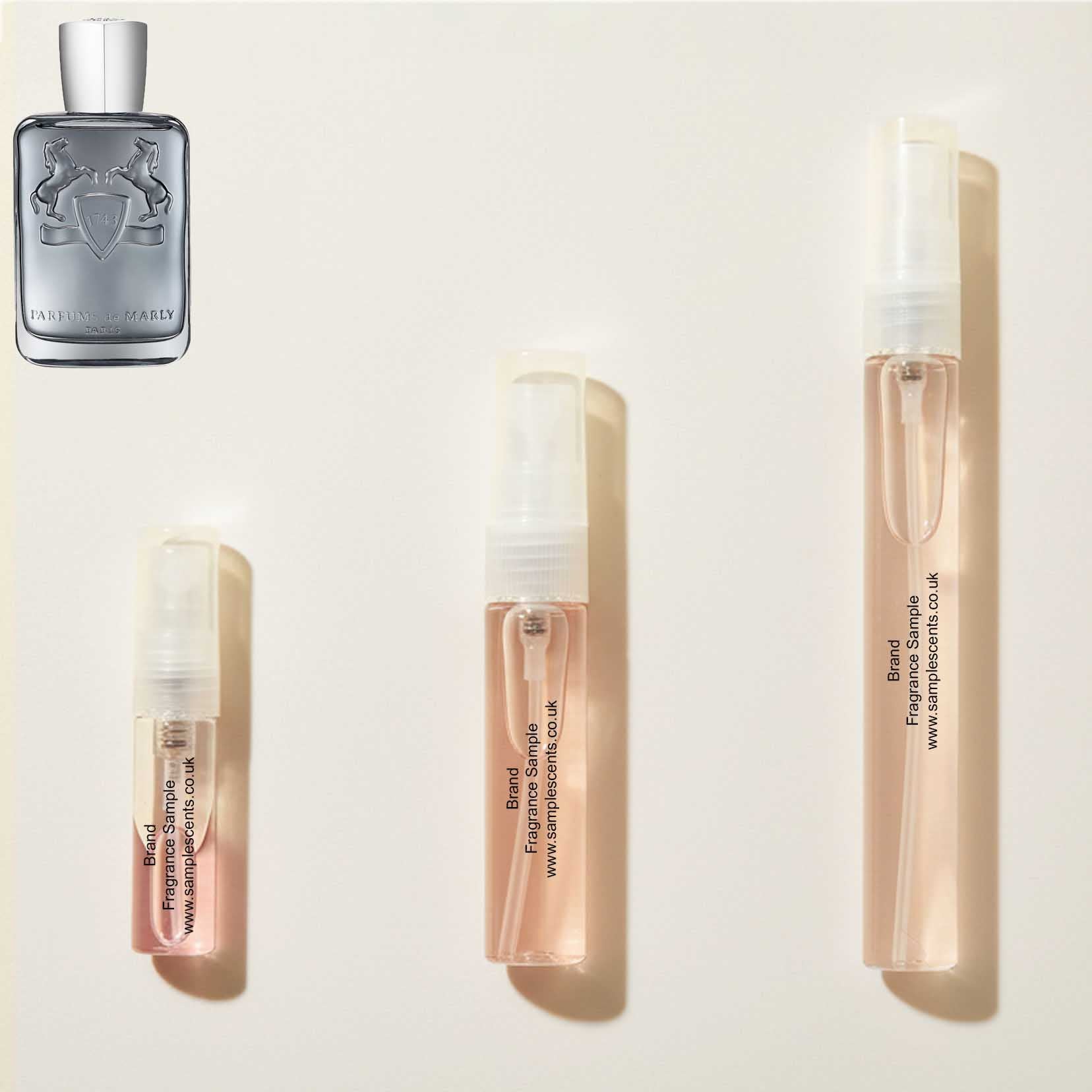 Perfume sample atomisers shown for size reference, hand-decanted from Parfums De Marly Castley bottle.