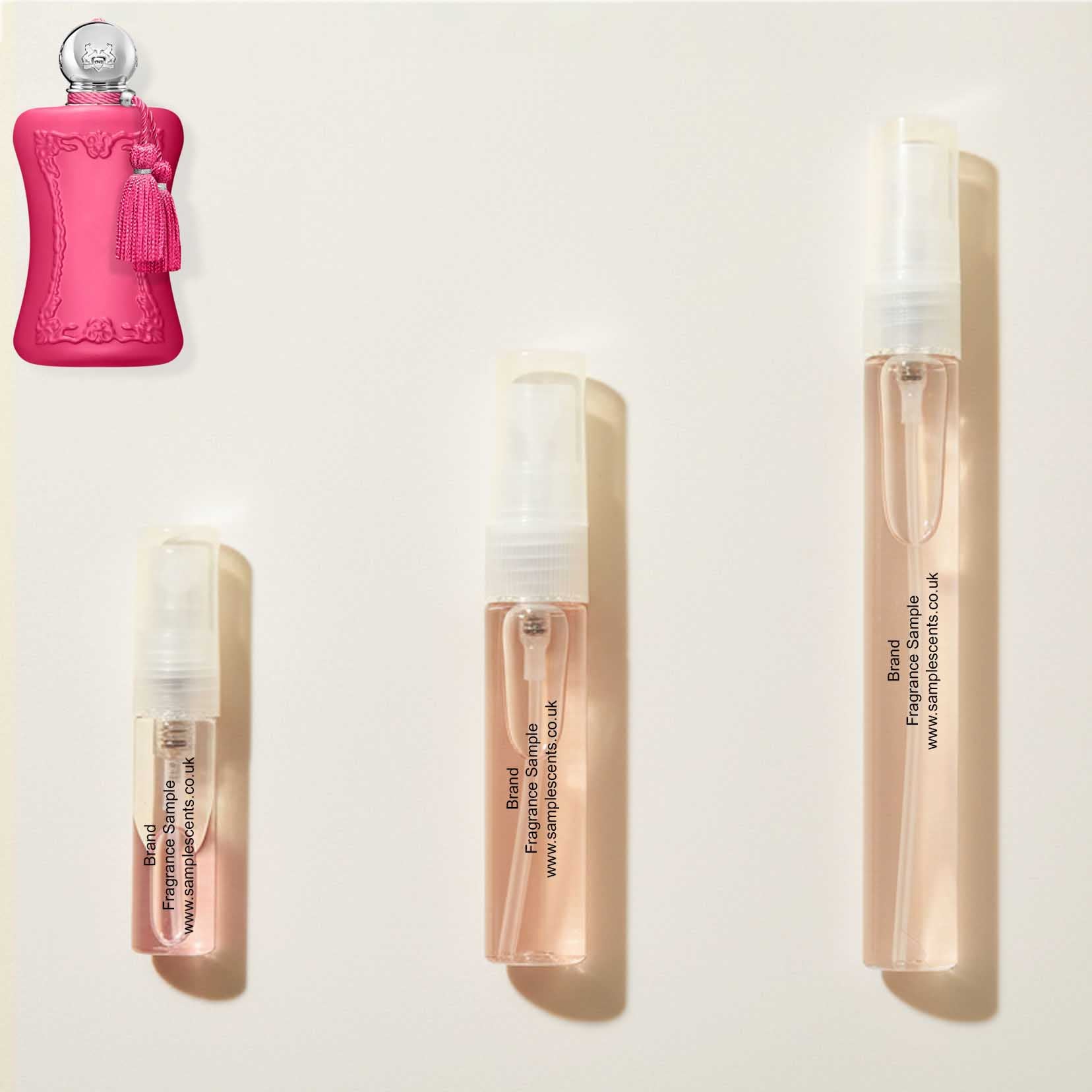 Perfume sample atomisers shown for size reference, hand-decanted from Parfums De Marly Oriana bottle.