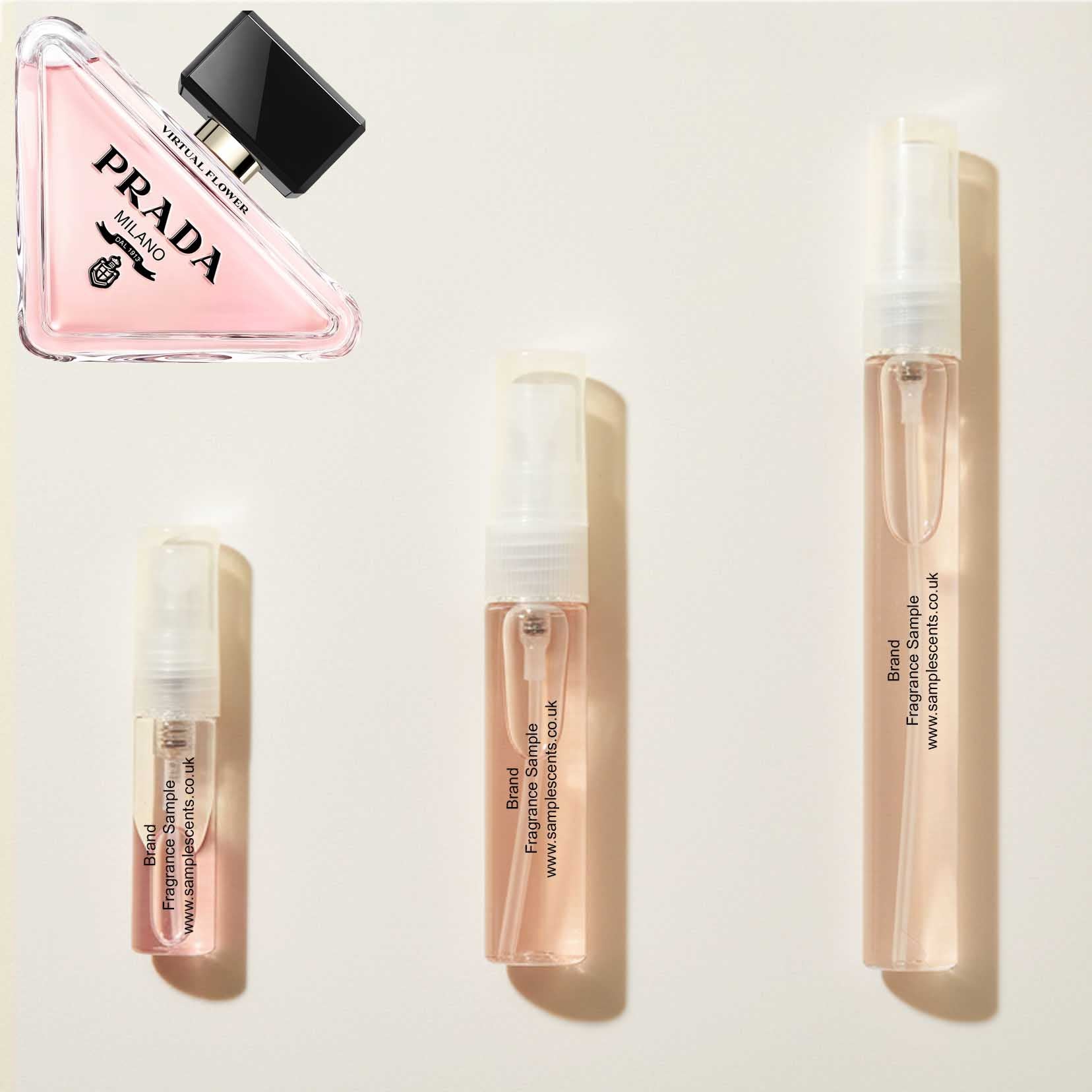 Perfume sample atomisers shown for size reference, hand-decanted from Prada Paradoxe Virtual Flower bottle.