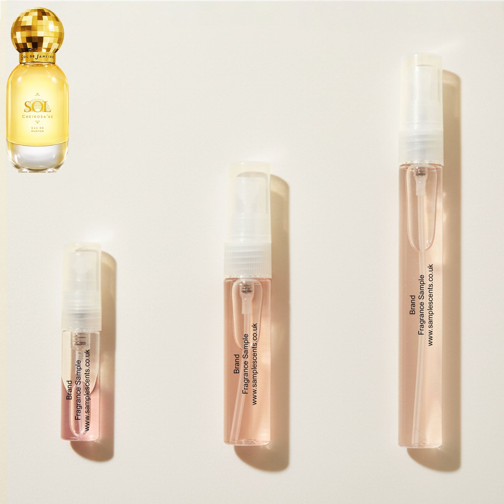 Perfume sample atomisers shown for size reference, hand-decanted from Sol De Janeiro Cheirosa 62 Bum Bum Cream EDP bottle.