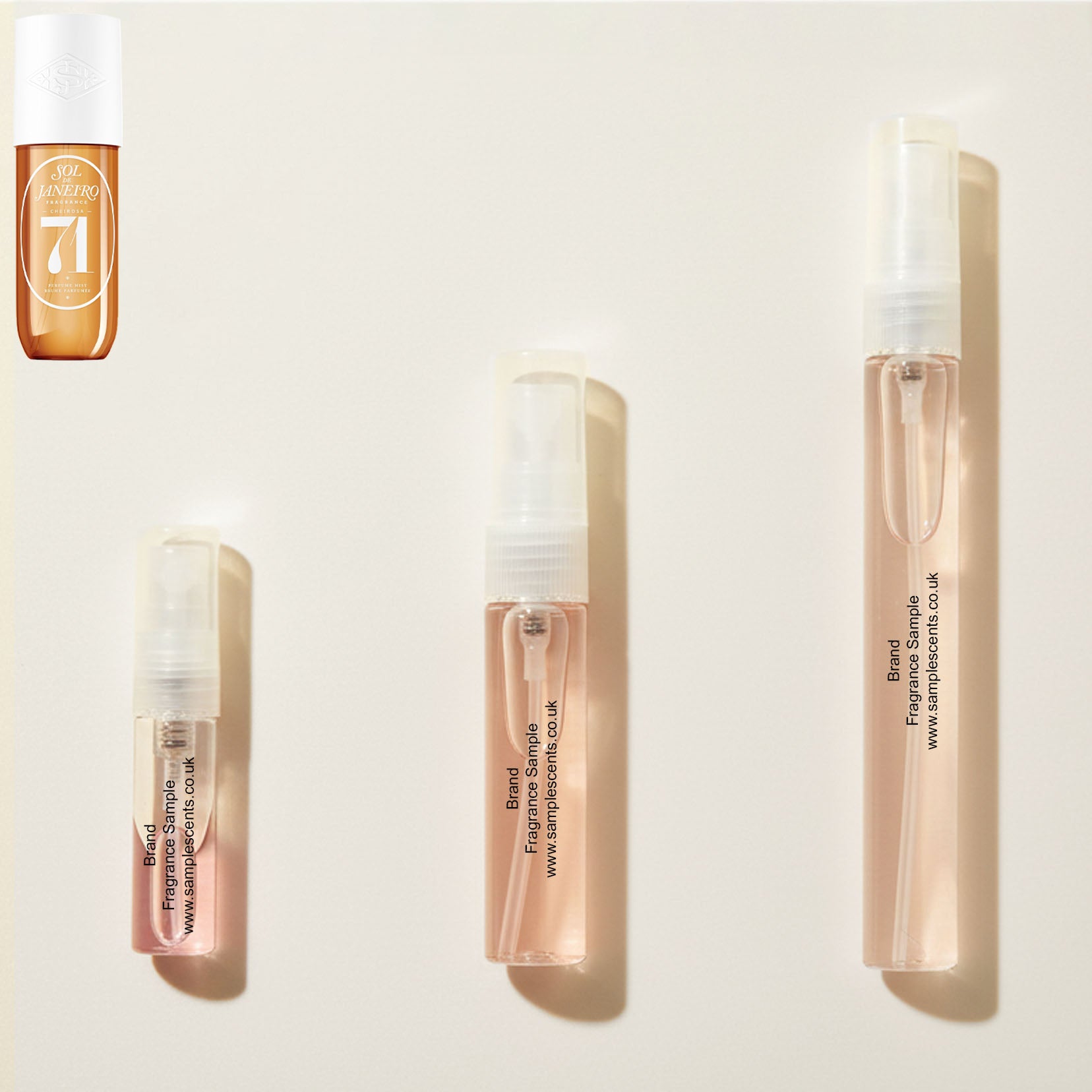 Perfume sample atomisers shown for size reference, hand-decanted from Sol De Janeiro Cheirosa 71 bottle.