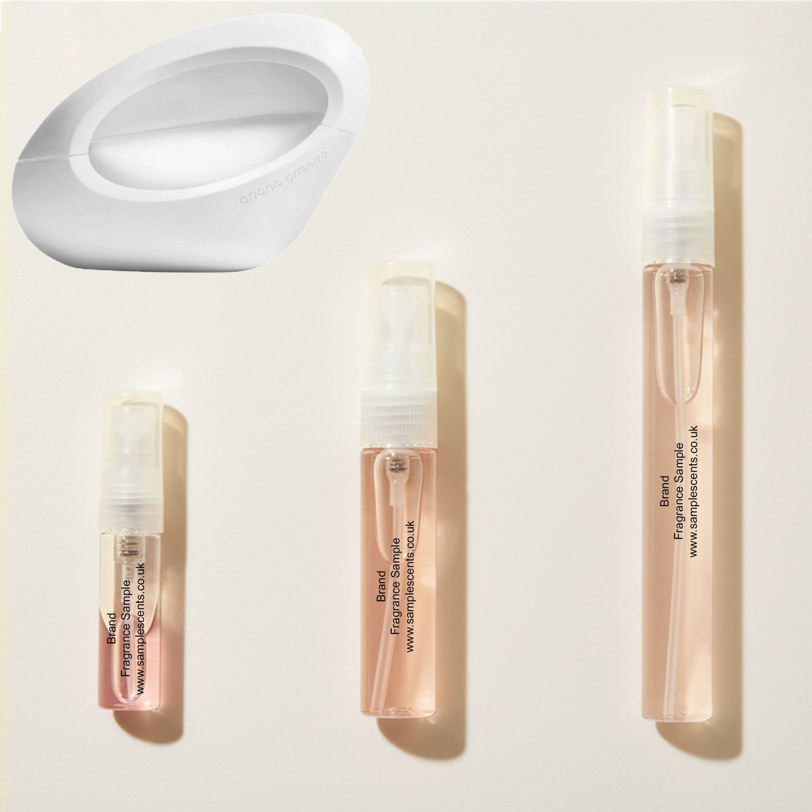 Perfume sample atomisers shown for size reference, hand-decanted from Ariana Grande Mod Vanilla bottle.