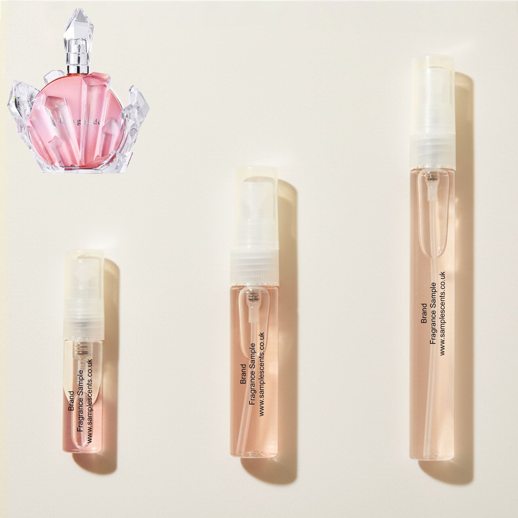 Perfume sample atomisers shown for size reference, hand-decanted from Ariana Grande REM Cherry Eclipse bottle.