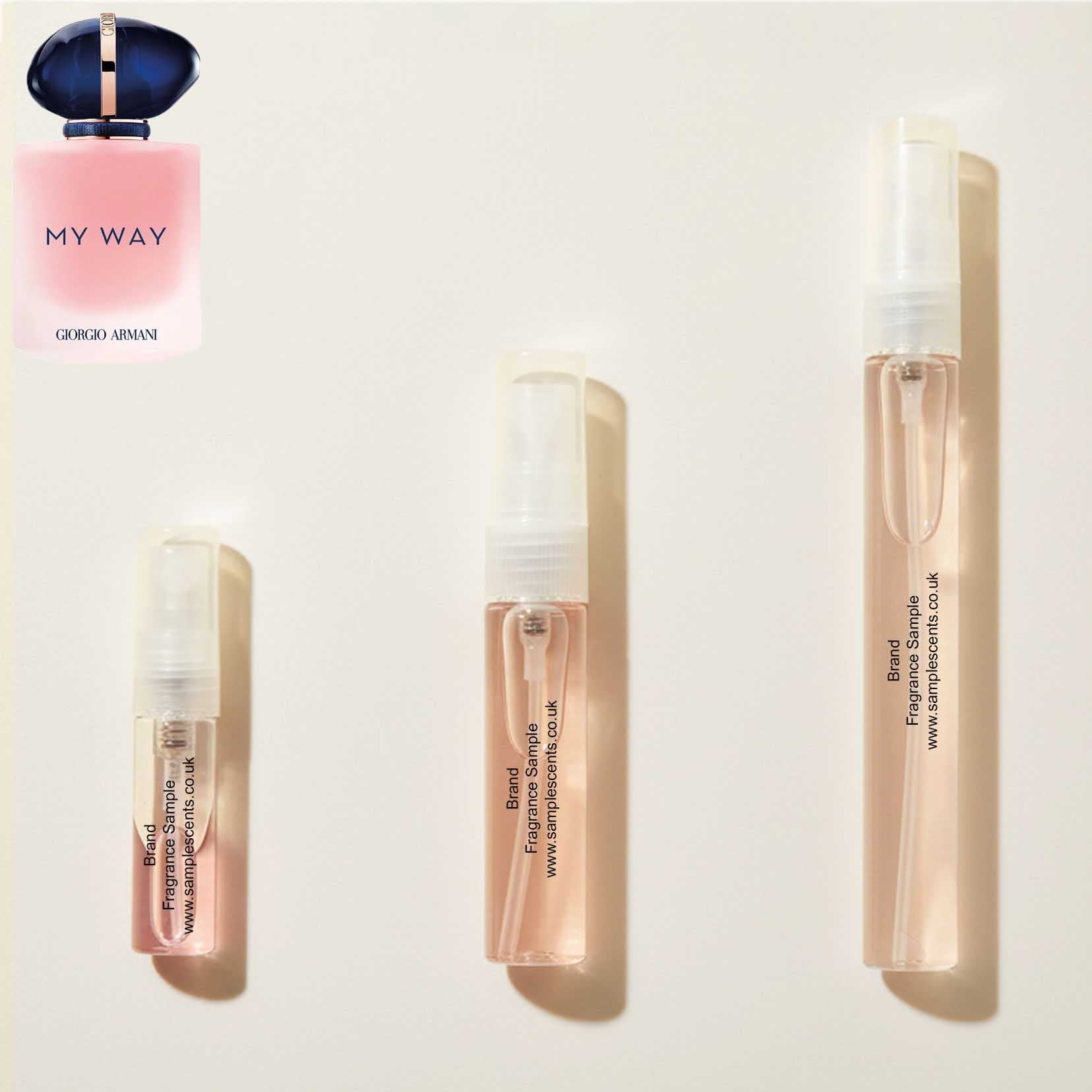 Perfume sample atomisers shown for size reference, hand-decanted from Armani My Way Floral bottle.