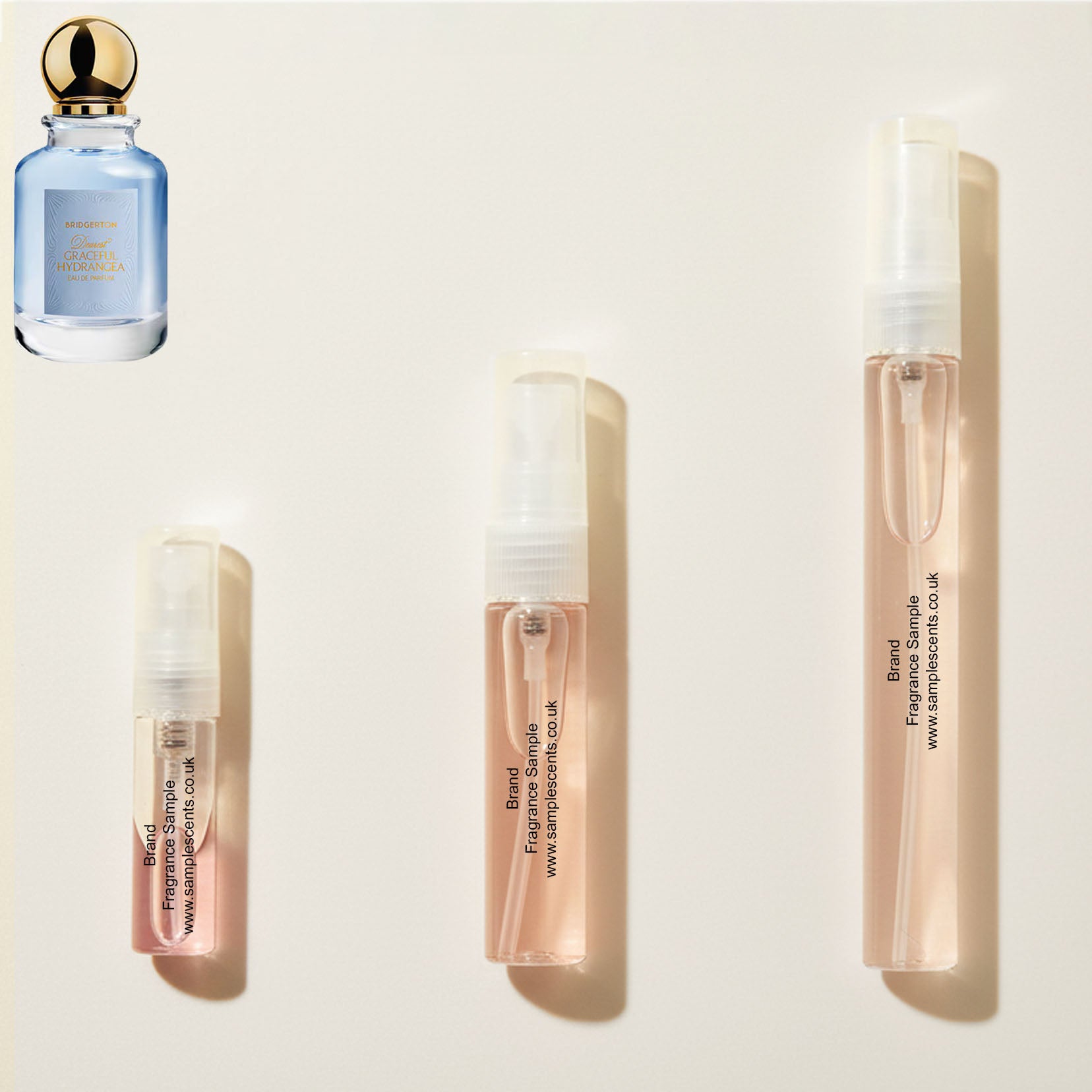 Perfume sample atomisers shown for size reference, hand-decanted from Bridgerton Dearest Graceful Hydrangea bottle.