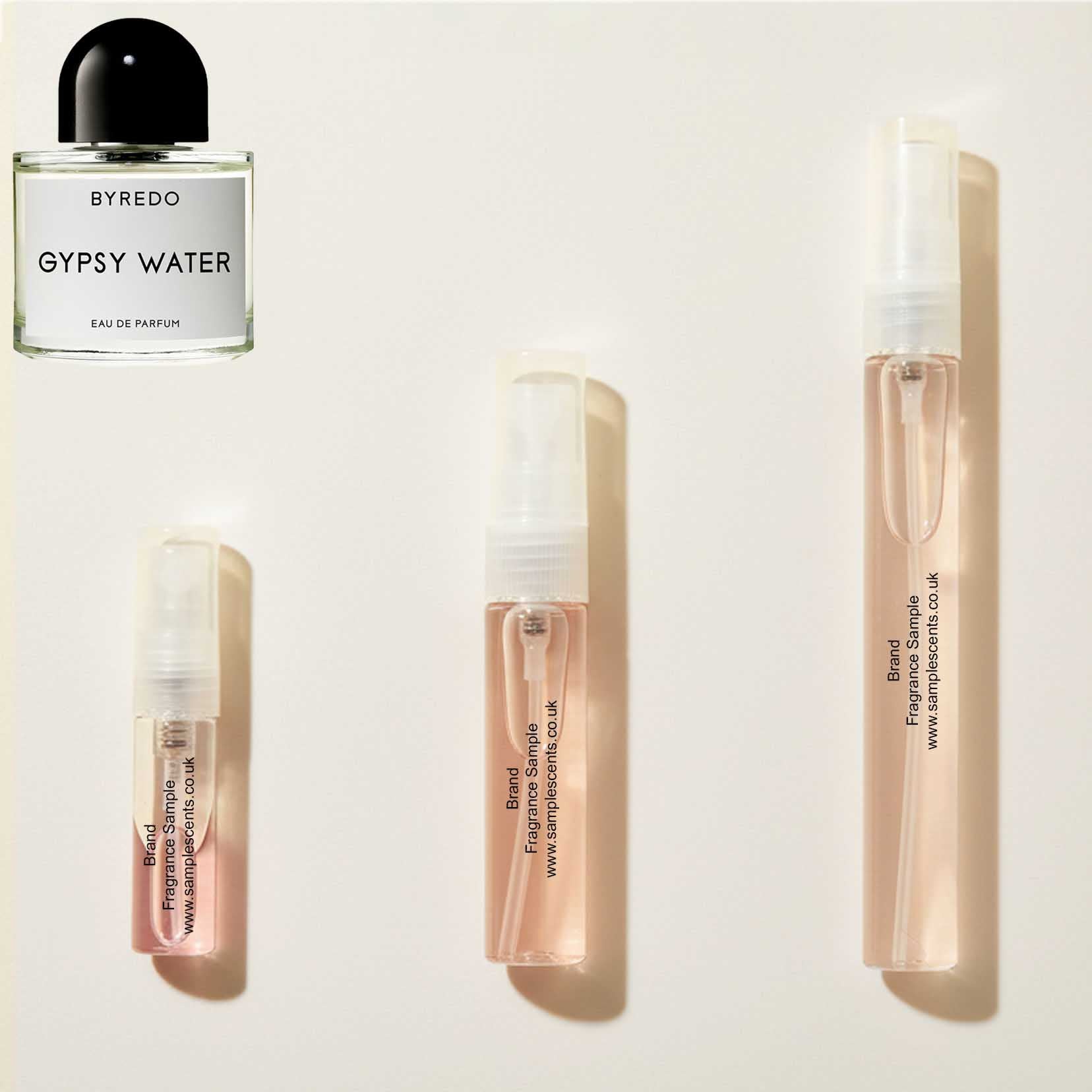 Perfume sample atomisers shown for size reference, hand-decanted from Byredo Gypsy Water bottle.