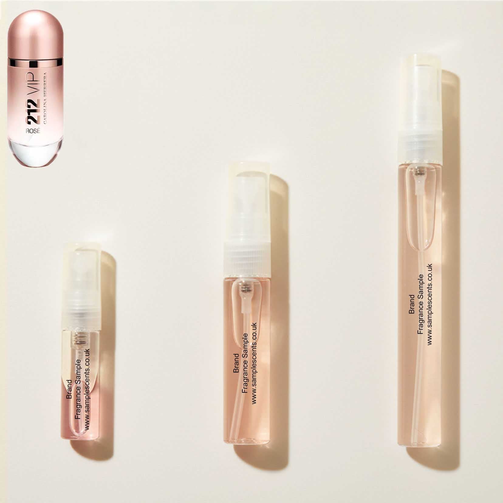 Perfume sample atomisers shown for size reference, hand-decanted from Carolina Herrera 212 VIP Rosé bottle.