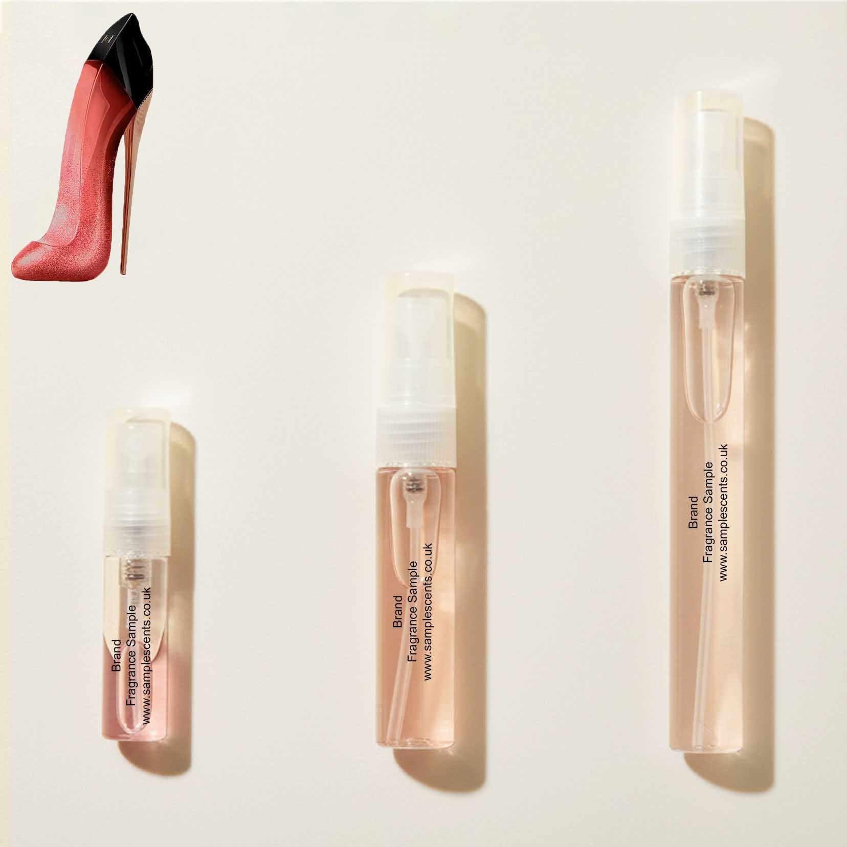 Perfume sample atomisers shown for size reference, hand-decanted from Carolina Herrera Very Good Girl Glam bottle.