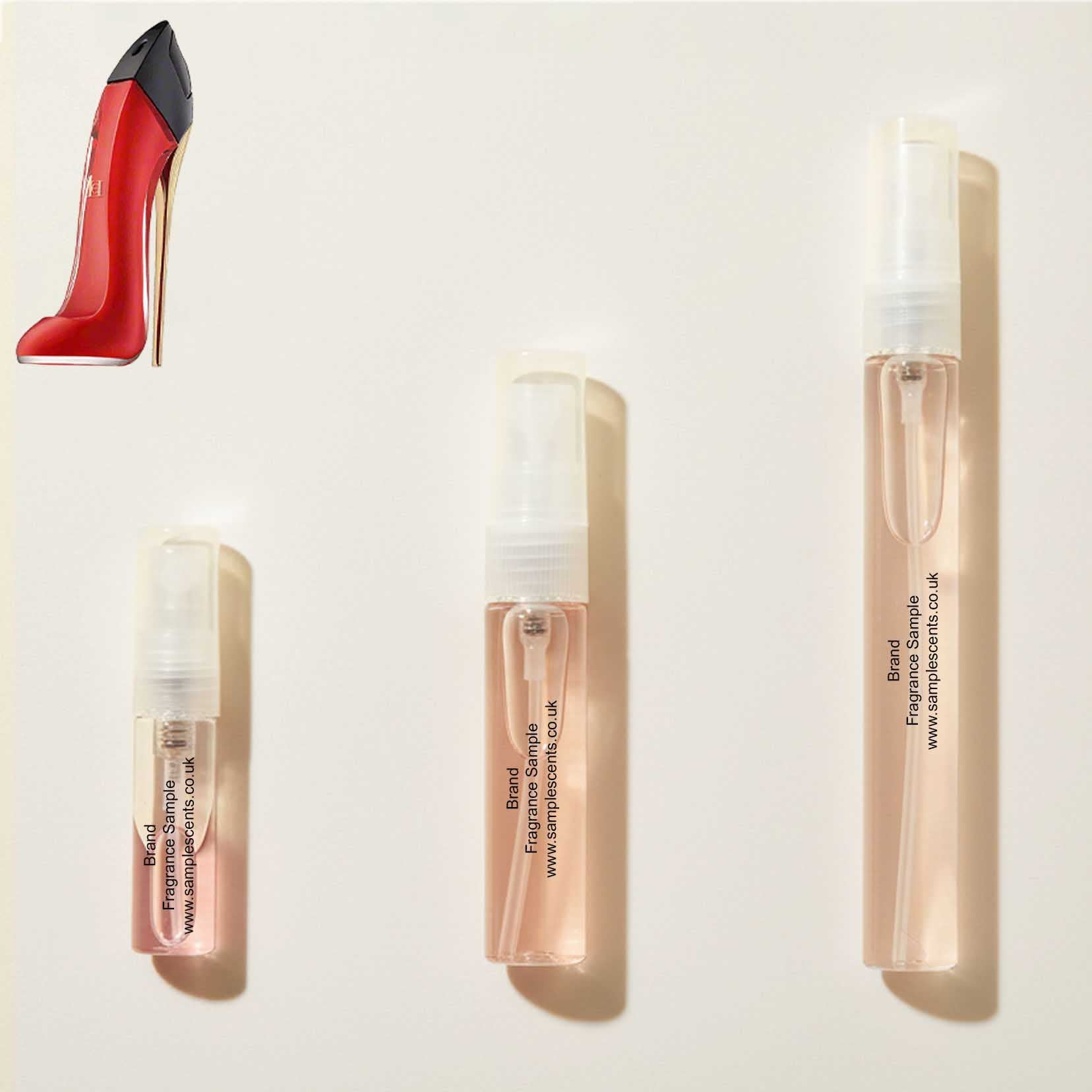 Perfume sample atomisers shown for size reference, hand-decanted from Carolina Herrera Very Good Girl bottle.