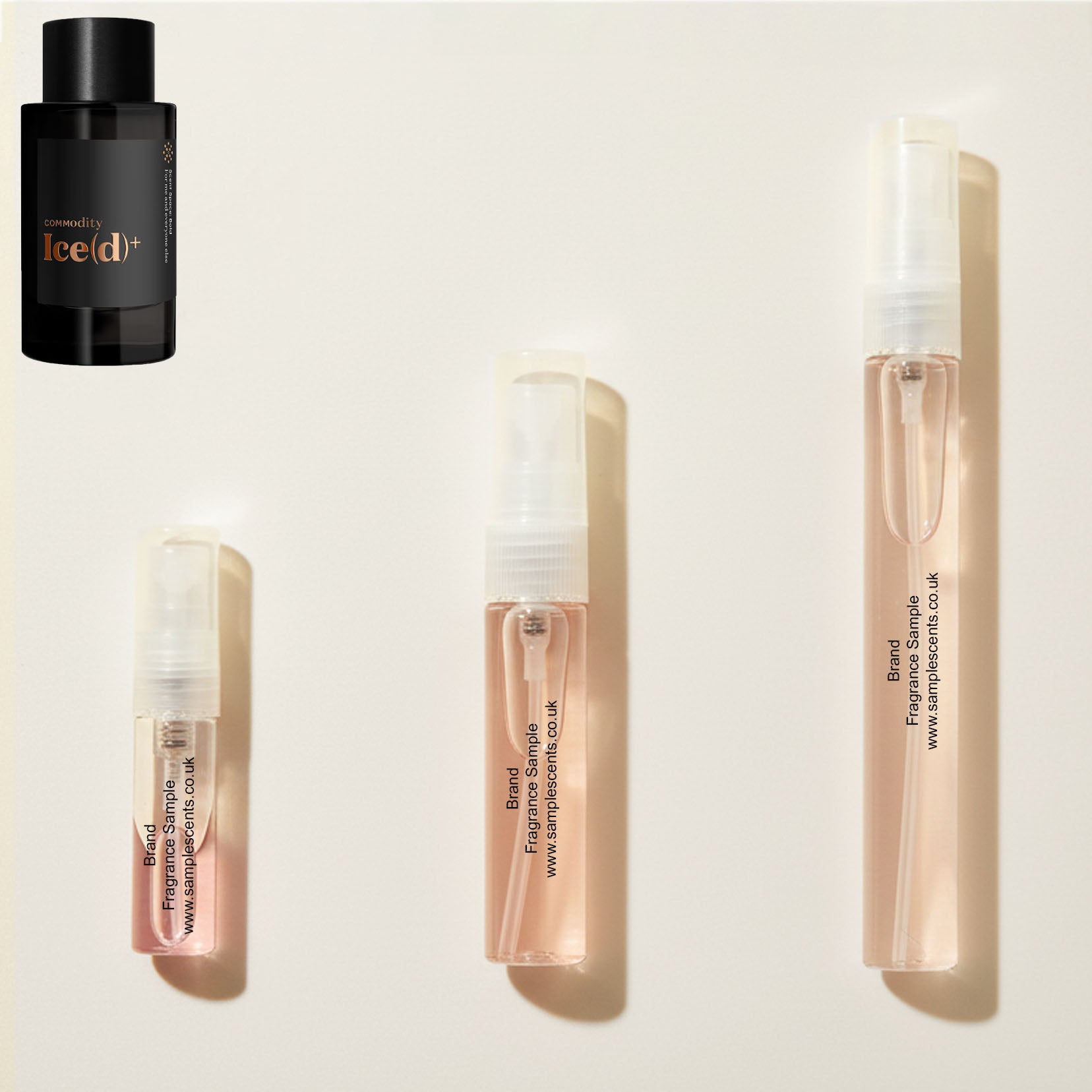 Perfume sample atomisers shown for size reference, hand-decanted from Commodity Ice(d) Bold bottle.