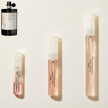 Perfume sample atomisers shown for size reference, hand-decanted from Commodity Milk Orchid bottle.