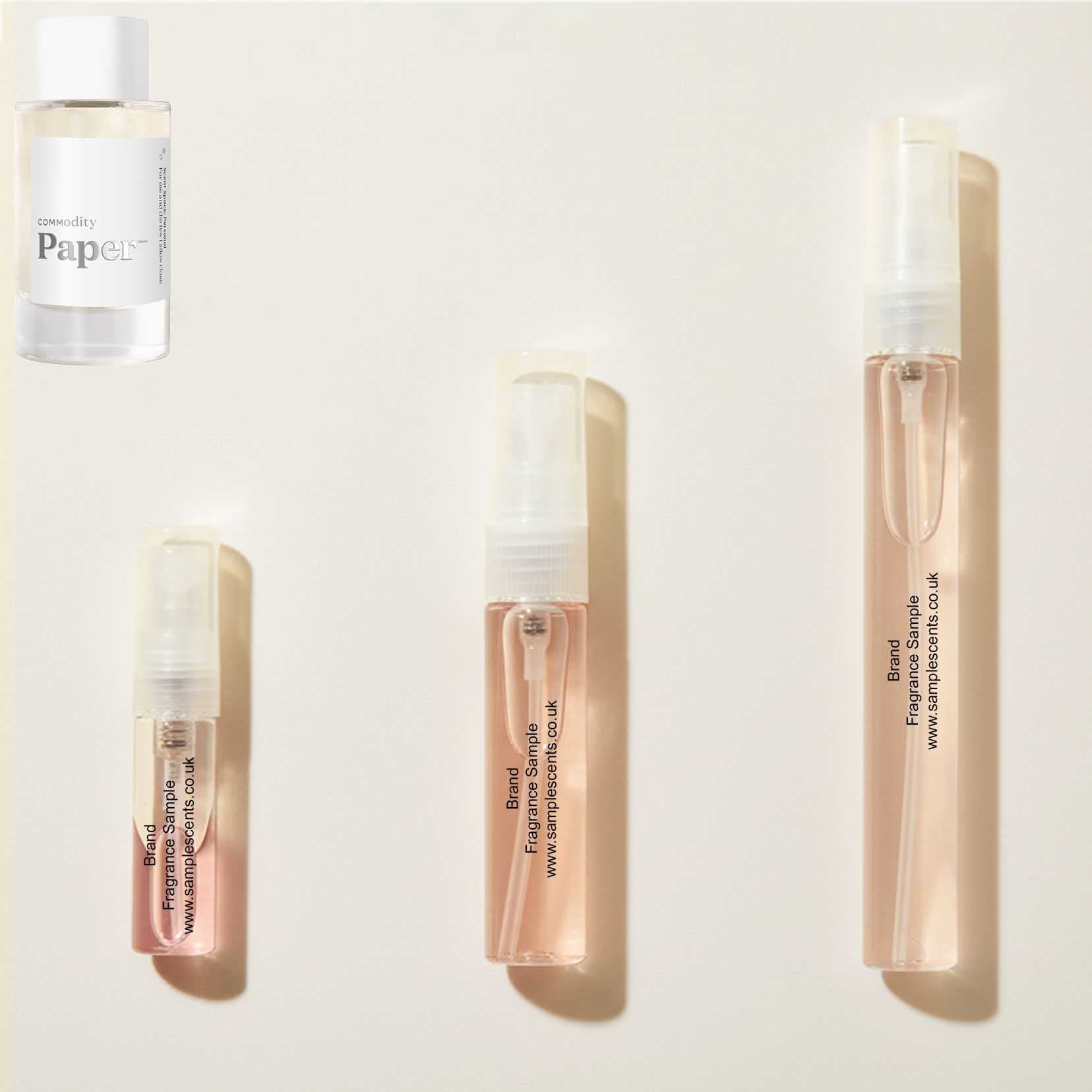 Perfume sample atomisers shown for size reference, hand-decanted from Commodity Paper Personal bottle.