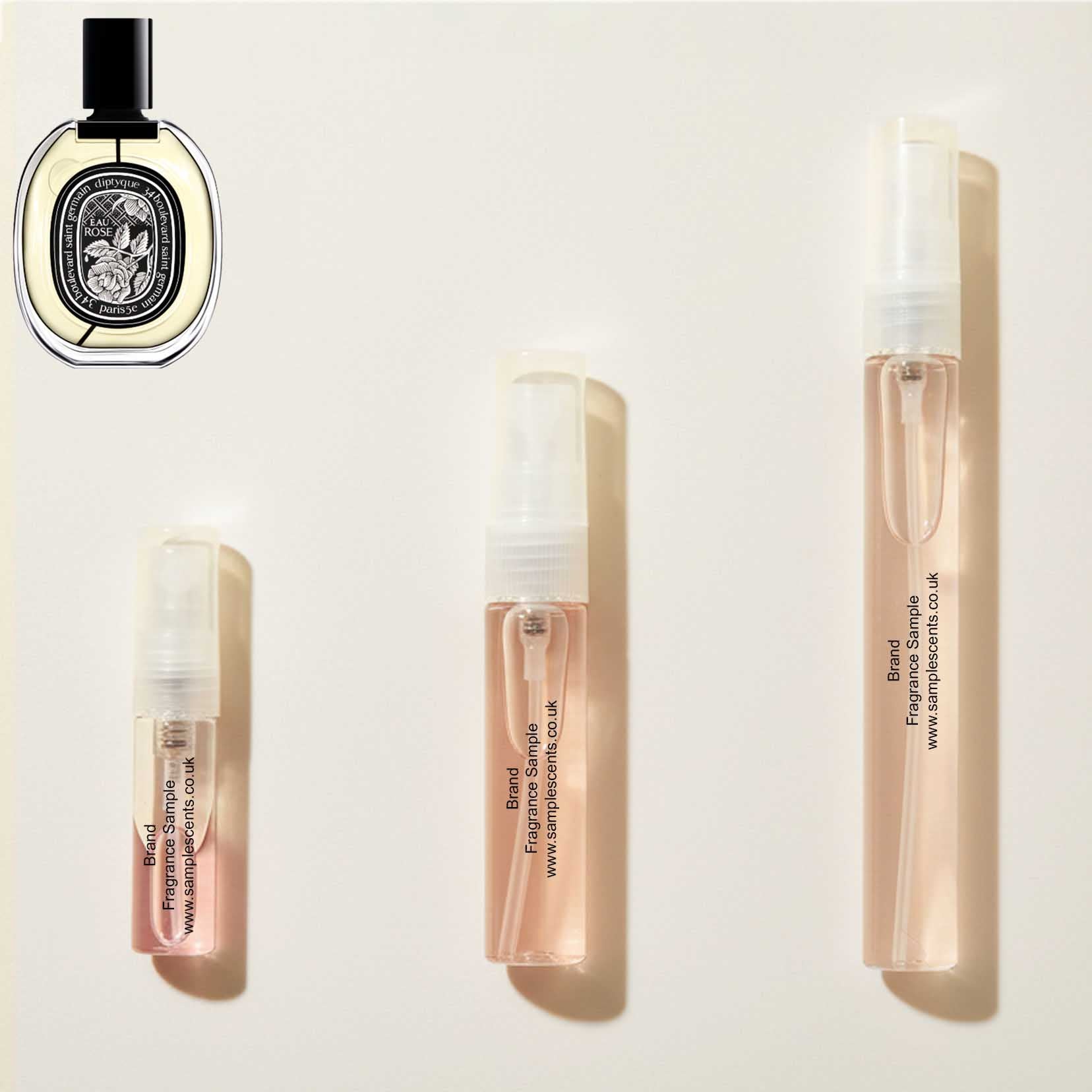 Perfume sample atomisers shown for size reference, hand-decanted from Diptyque Eau Rose bottle.