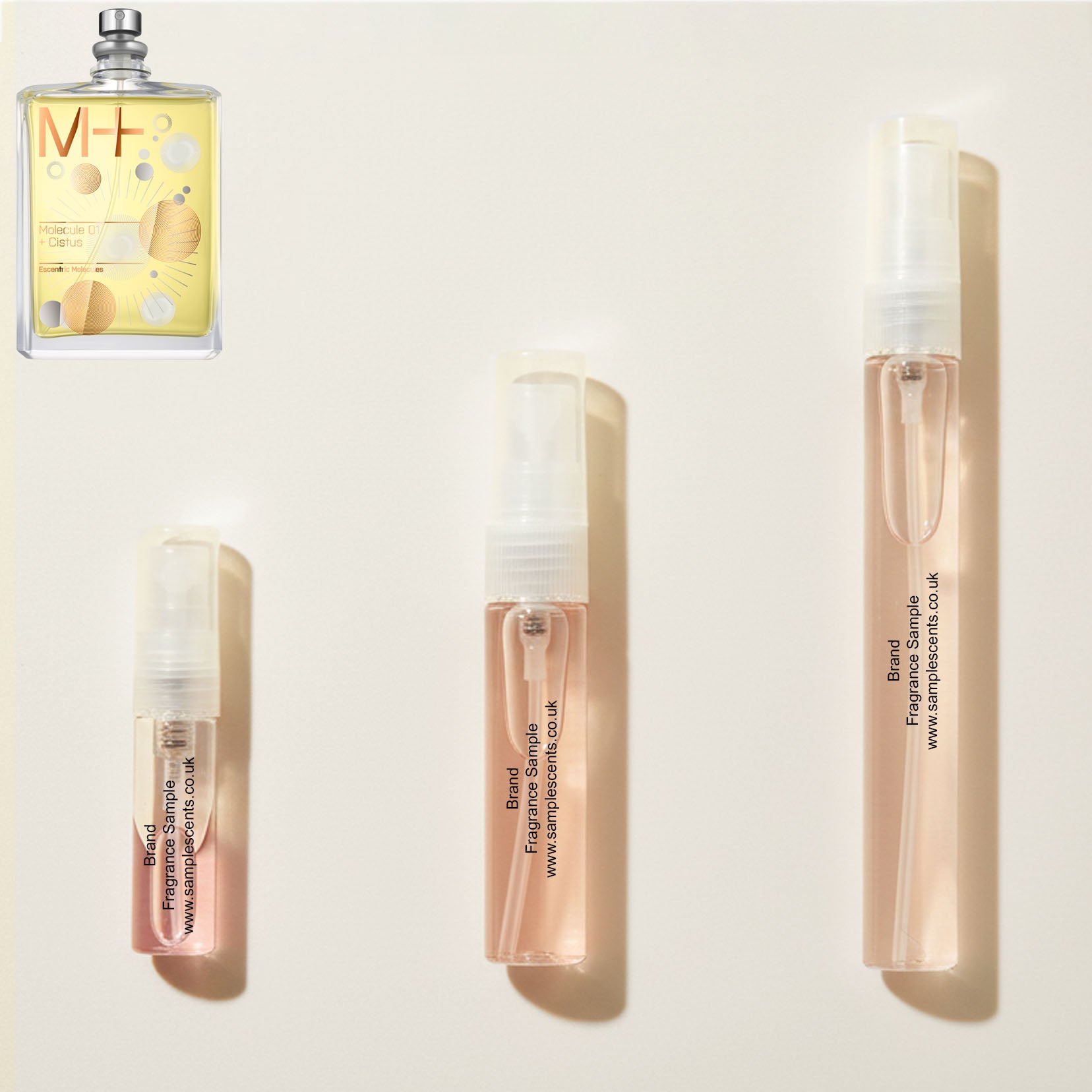 Perfume sample atomisers shown for size reference, hand-decanted from Escentric Molecules Molecule 01 + Cistus bottle.