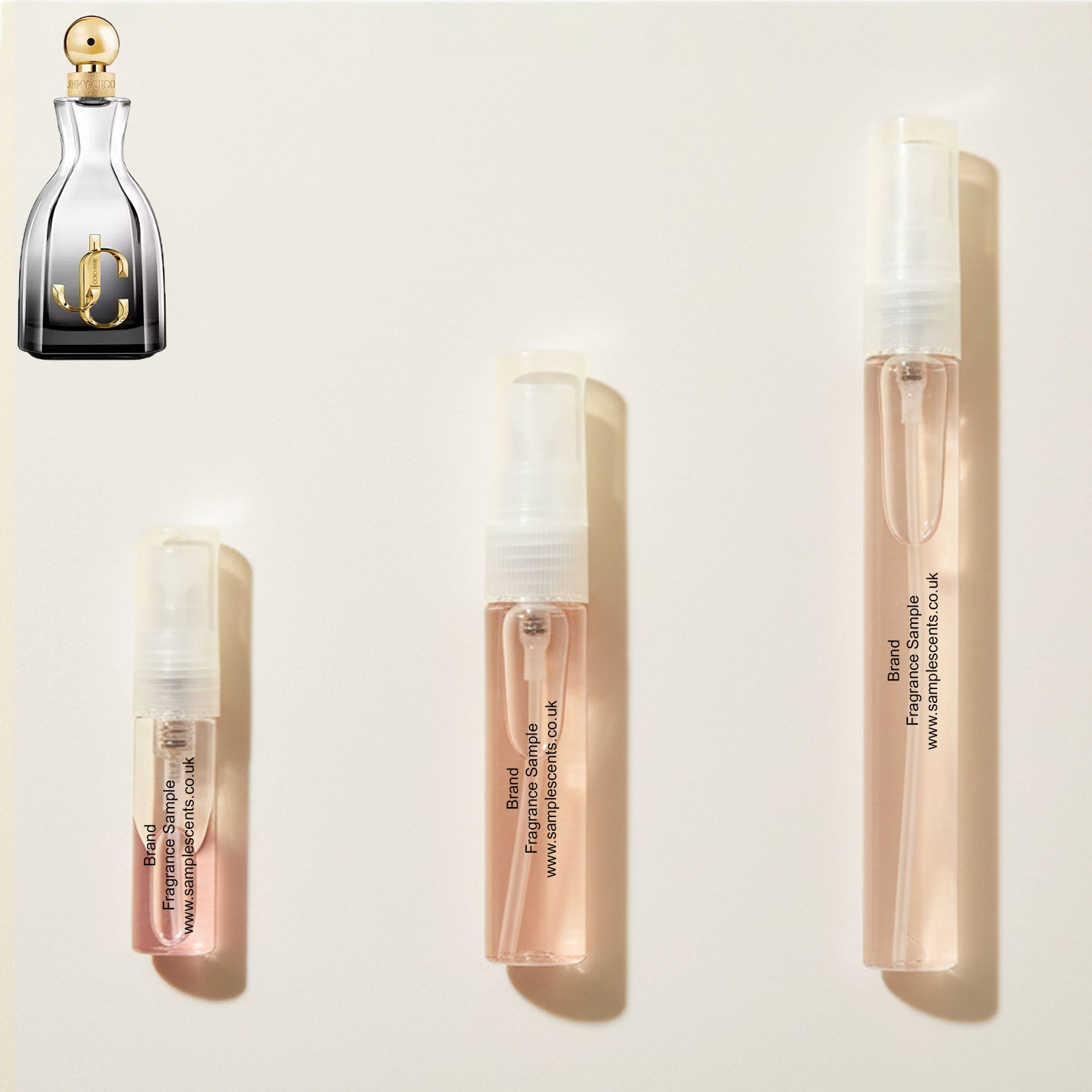 Perfume sample atomisers shown for size reference, hand-decanted from Jimmy Choo I Want Choo Forever bottle.