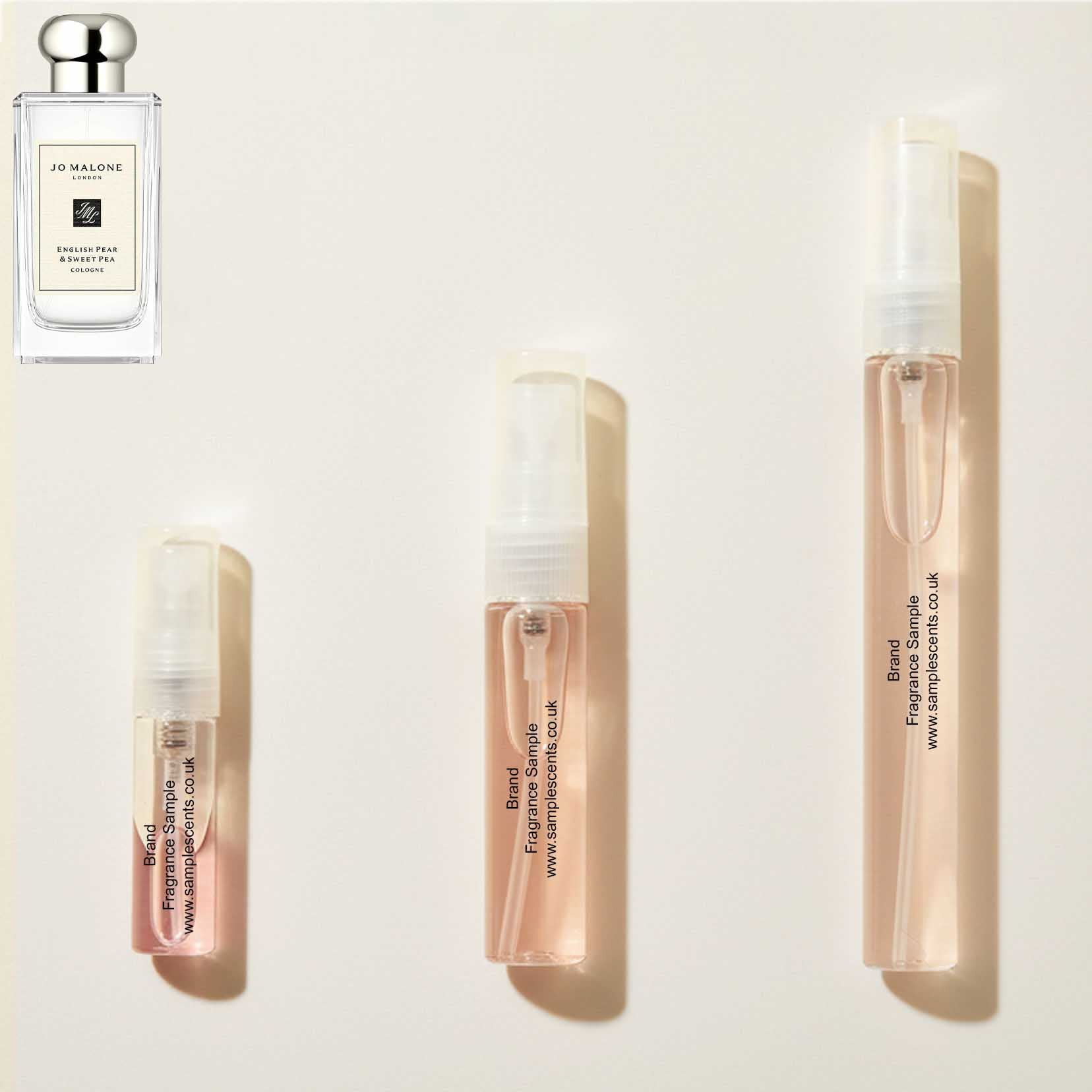 Perfume sample atomisers shown for size reference, hand-decanted from Jo Malone London English Pear & Sweet Pea bottle.