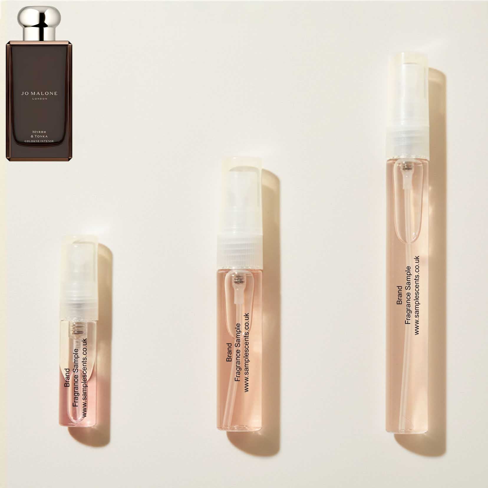 Perfume sample atomisers shown for size reference, hand-decanted from Jo Malone London Myrrh & Tonka bottle.