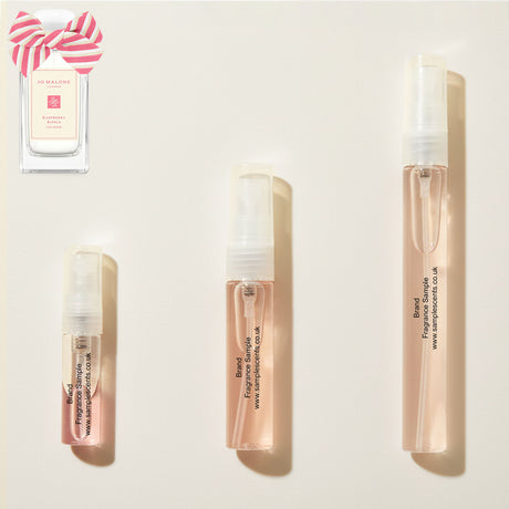 Perfume sample atomisers shown for size reference, hand-decanted from Jo Malone London Raspberry Ripple bottle.