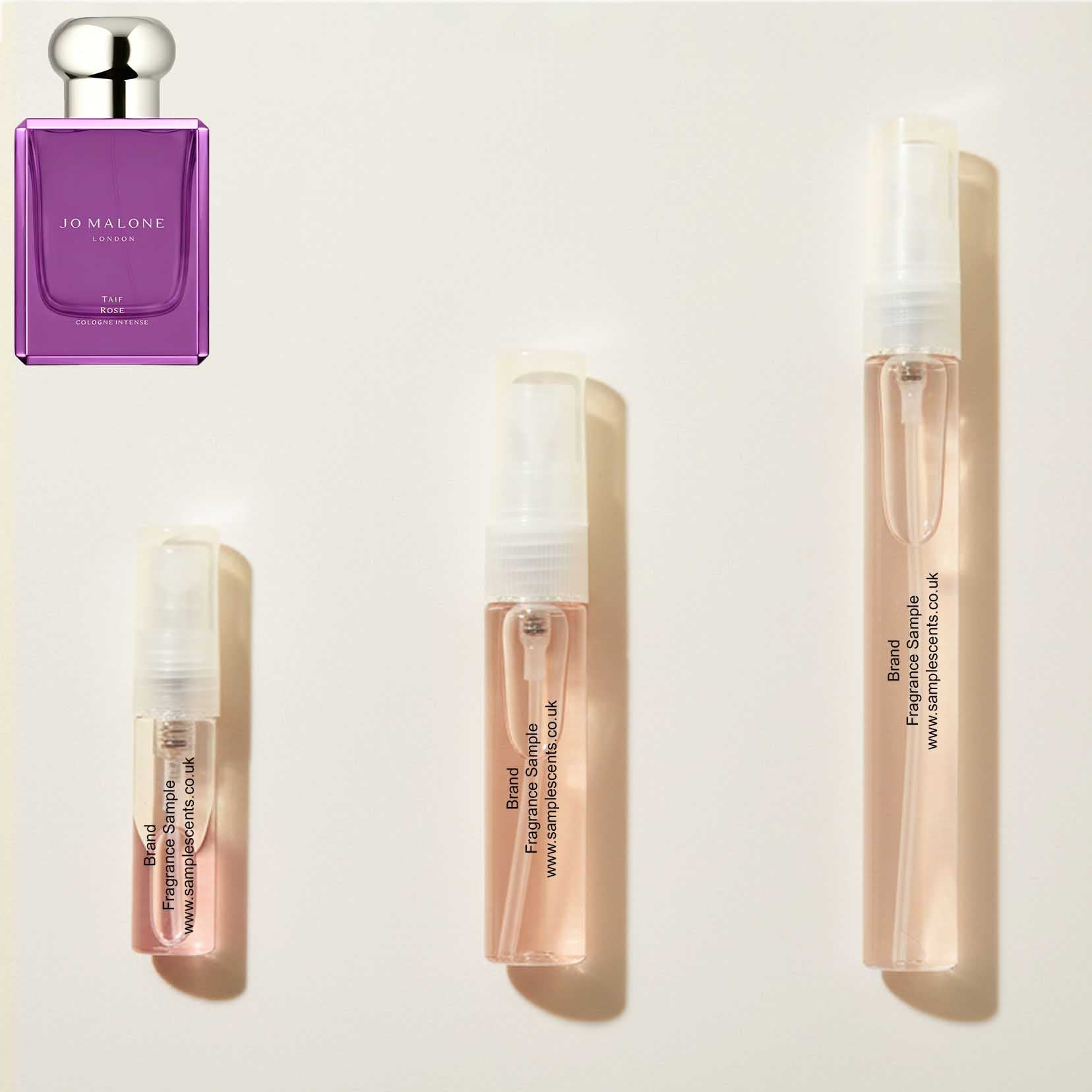 Perfume sample atomisers shown for size reference, hand-decanted from Jo Malone London Taif Rose bottle.