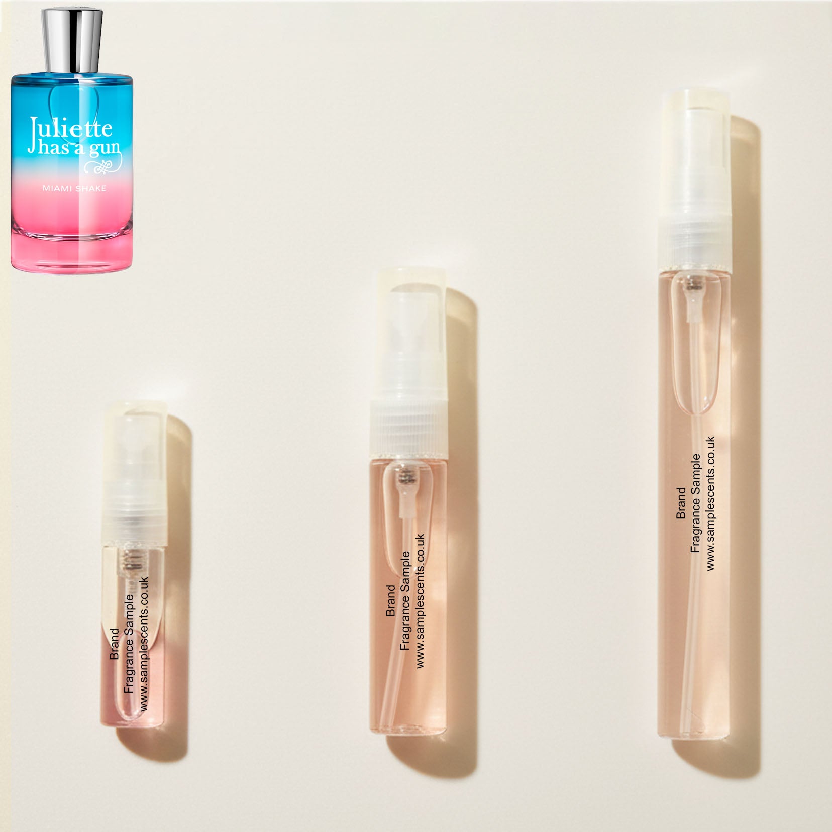 Perfume sample atomisers shown for size reference, hand-decanted from Juliette Has A Gun Miami Shake bottle.