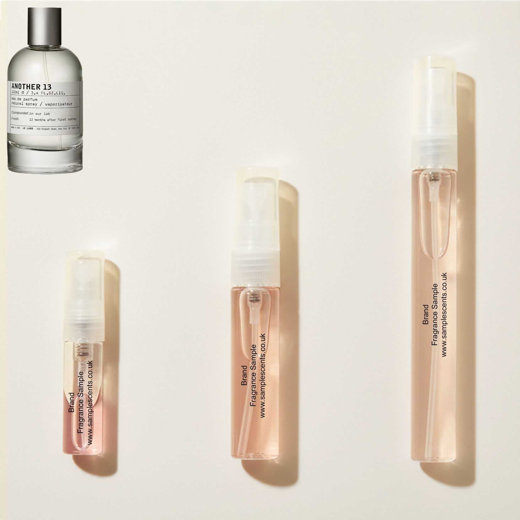 Perfume sample atomisers shown for size reference, hand-decanted from Le Labo Another 13 bottle.