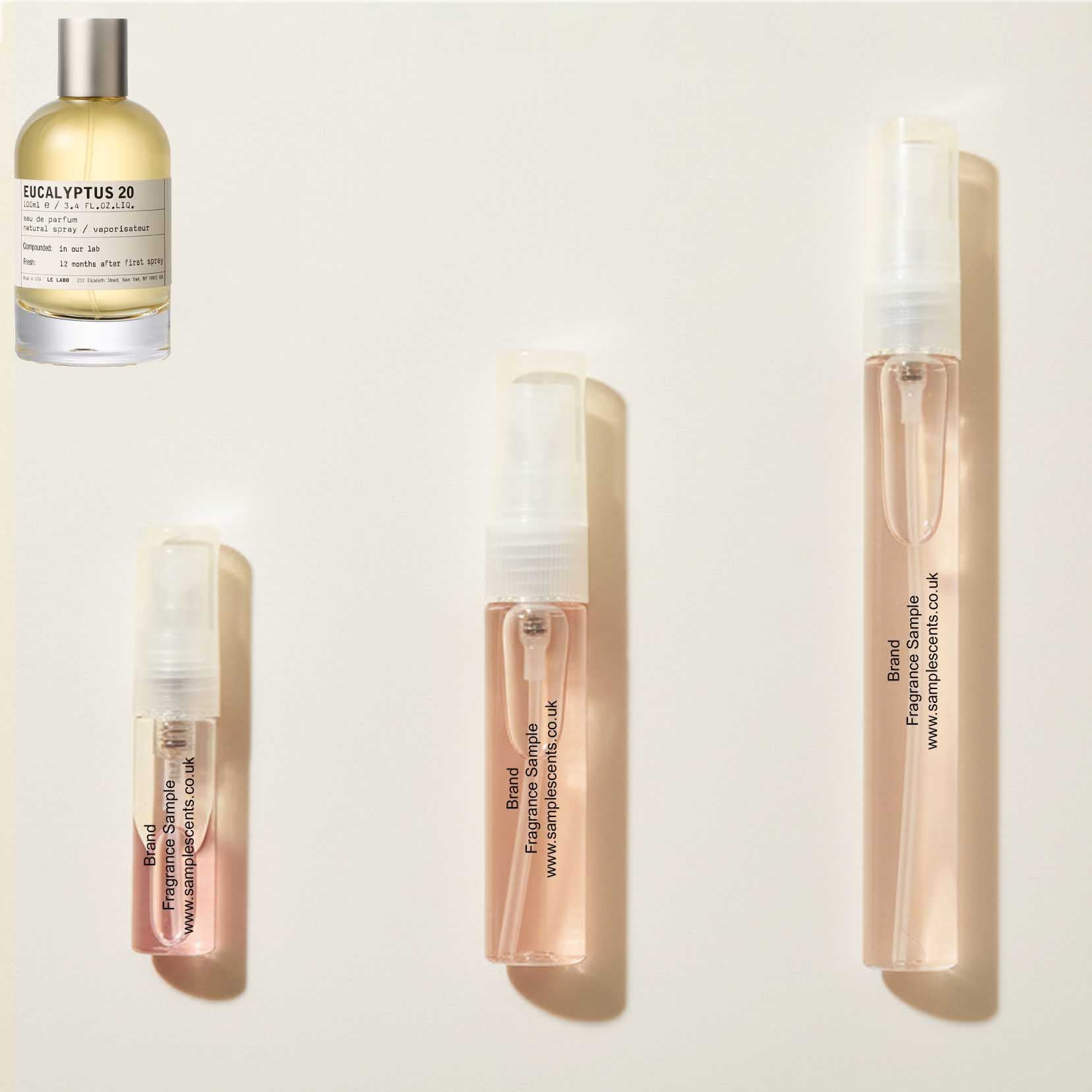 Perfume sample atomisers shown for size reference, hand-decanted from Le Labo Eucalyptus 20 bottle.