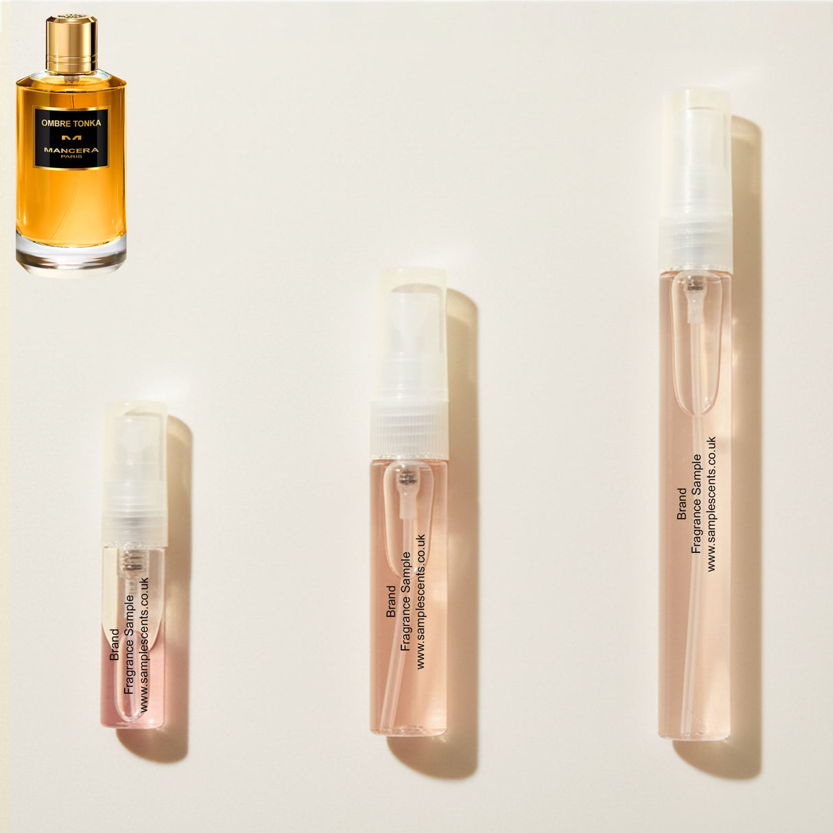 Perfume sample atomisers shown for size reference, hand-decanted from Mancera Ombre Tonka bottle.