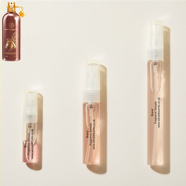 Perfume sample atomisers shown for size reference, hand-decanted from Montale Arabians Musk bottle.