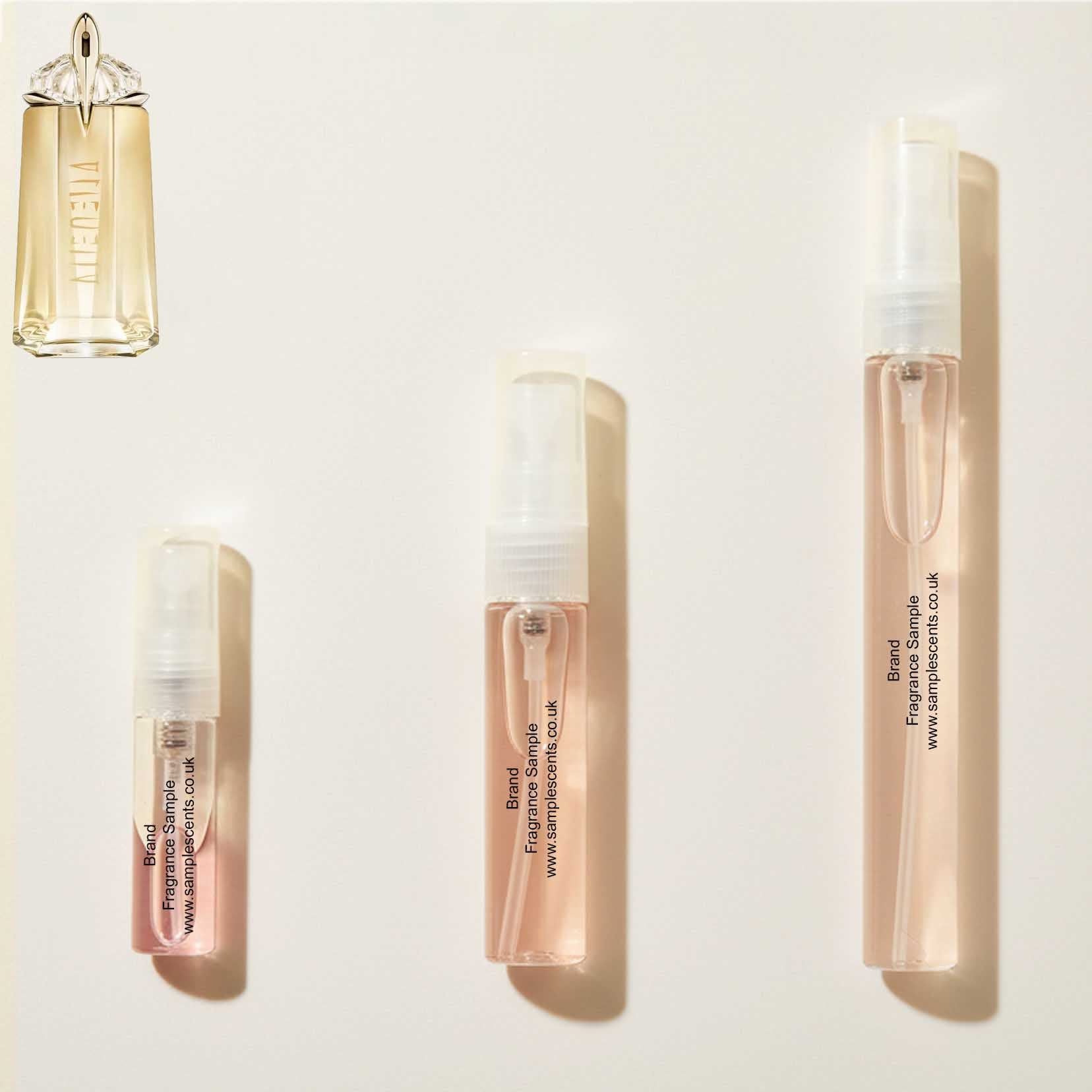 Perfume sample atomisers shown for size reference, hand-decanted from Mugler Alien Goddess bottle.
