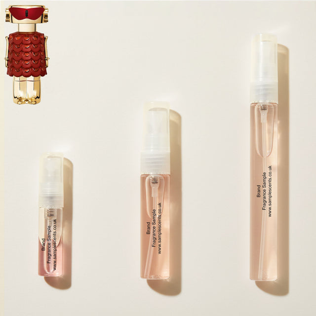 Perfume sample atomisers shown for size reference, hand-decanted from Paco Rabanne Fame In Love bottle.
