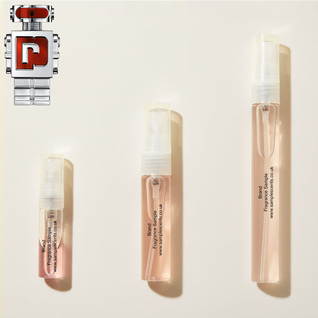 Perfume sample atomisers shown for size reference, hand-decanted from Paco Rabanne Phantom In Red bottle.