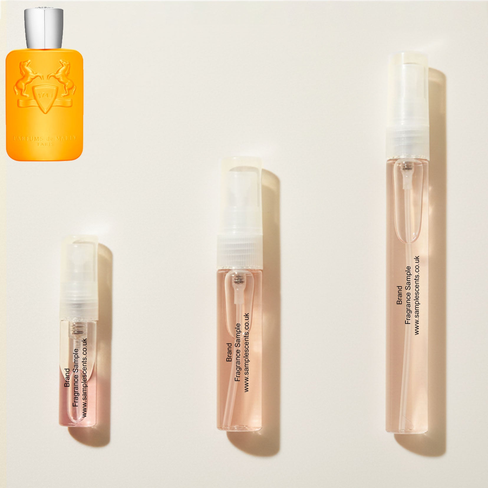 Perfume sample atomisers shown for size reference, hand-decanted from Parfums De Marly Perseus bottle.