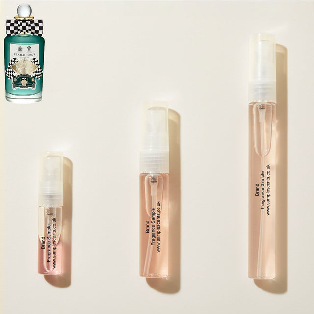 Perfume sample atomisers shown for size reference, hand-decanted from Penhaligon's Sports Car Club bottle.