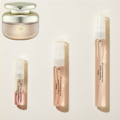 Perfume sample atomisers shown for size reference, hand-decanted from Rare Beauty Rare bottle.