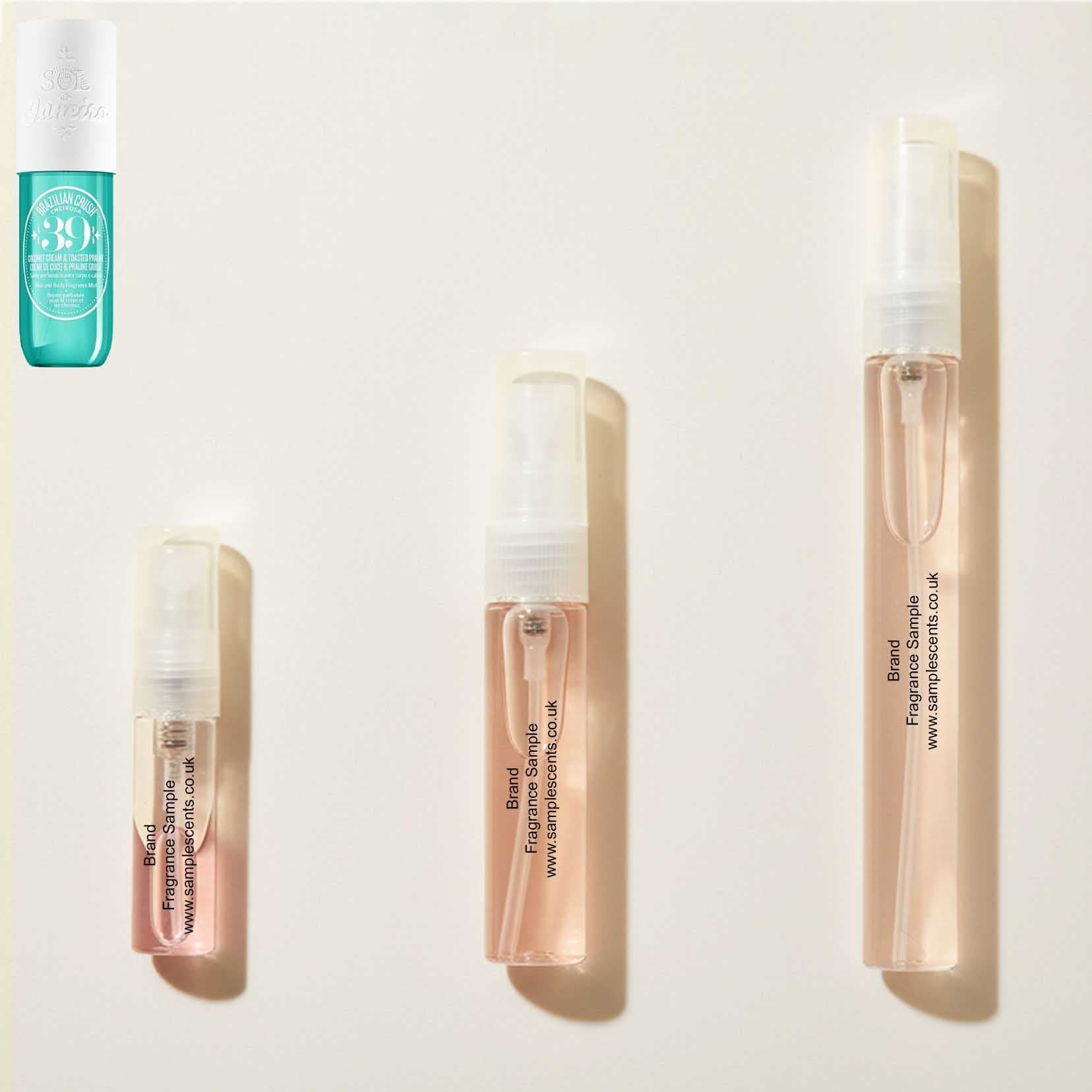 Perfume sample atomisers shown for size reference, hand-decanted from Sol De Janeiro Cheirosa 39 (Coco Cabana) bottle.