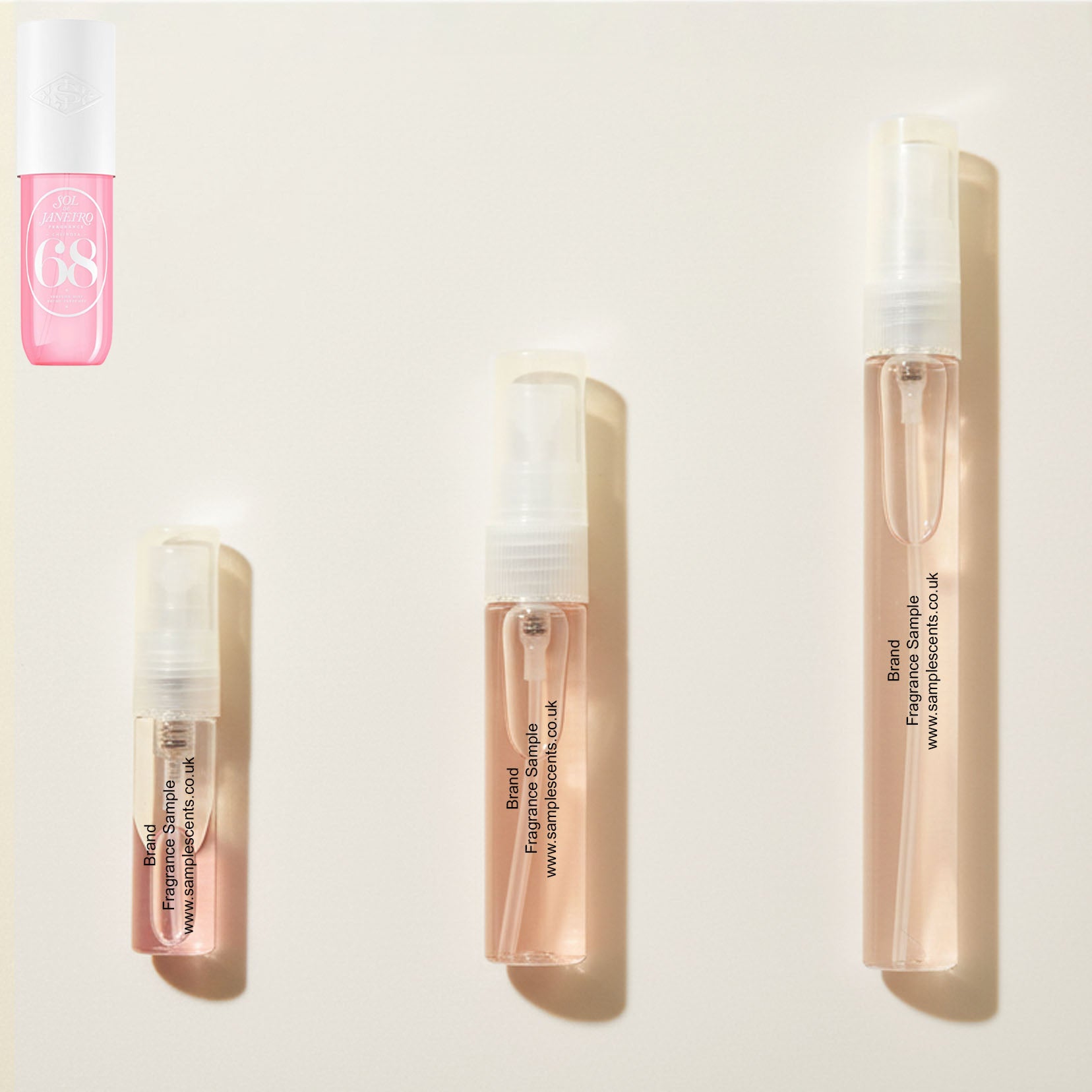 Perfume sample atomisers shown for size reference, hand-decanted from Sol De Janeiro Cheirosa 68 (Beija Flor) bottle.