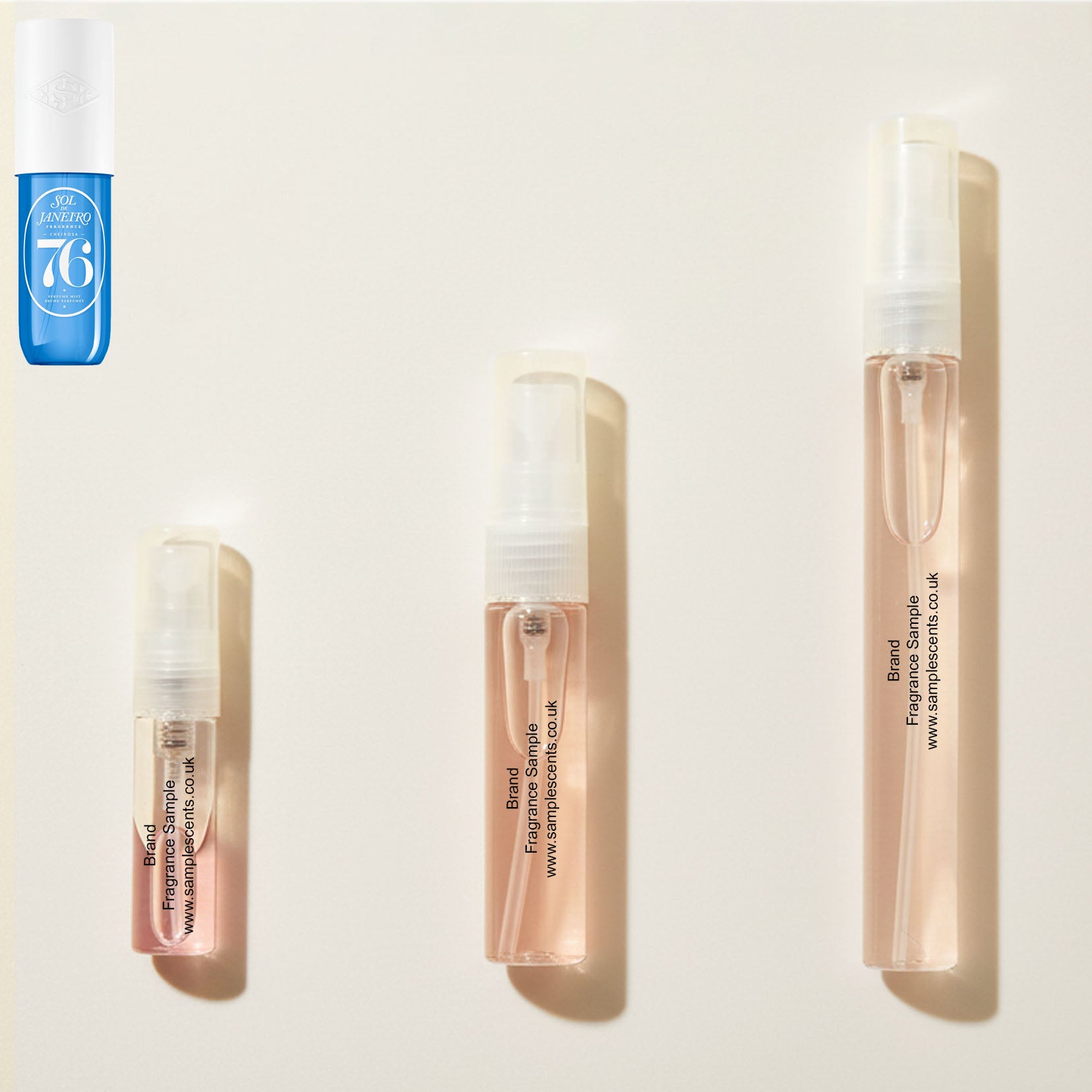 Perfume sample atomisers shown for size reference, hand-decanted from Sol De Janeiro Cheirosa 76 (After Hours) bottle.