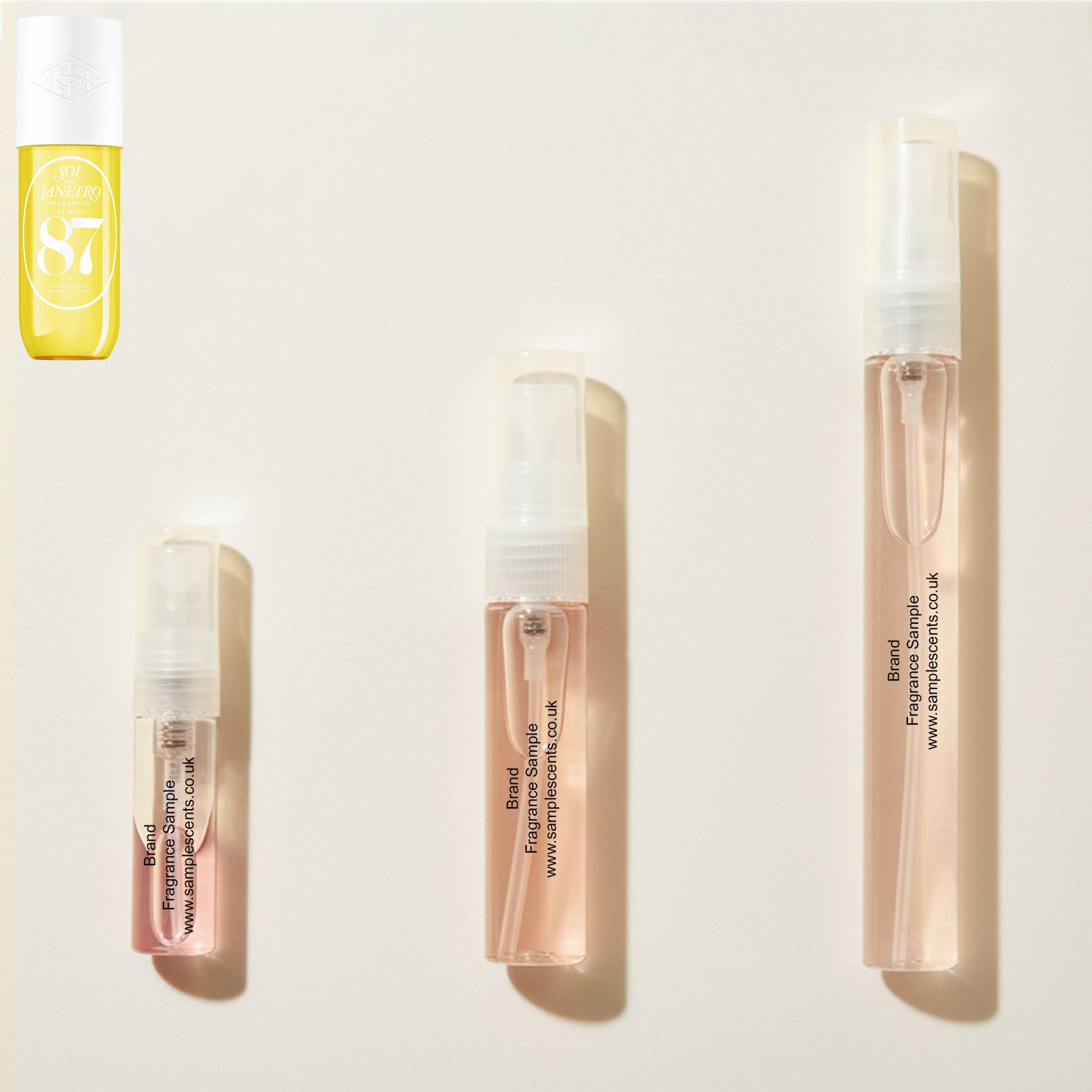 Perfume sample atomisers shown for size reference, hand-decanted from Sol De Janeiro Cheirosa 87 Rio Radiance bottle.