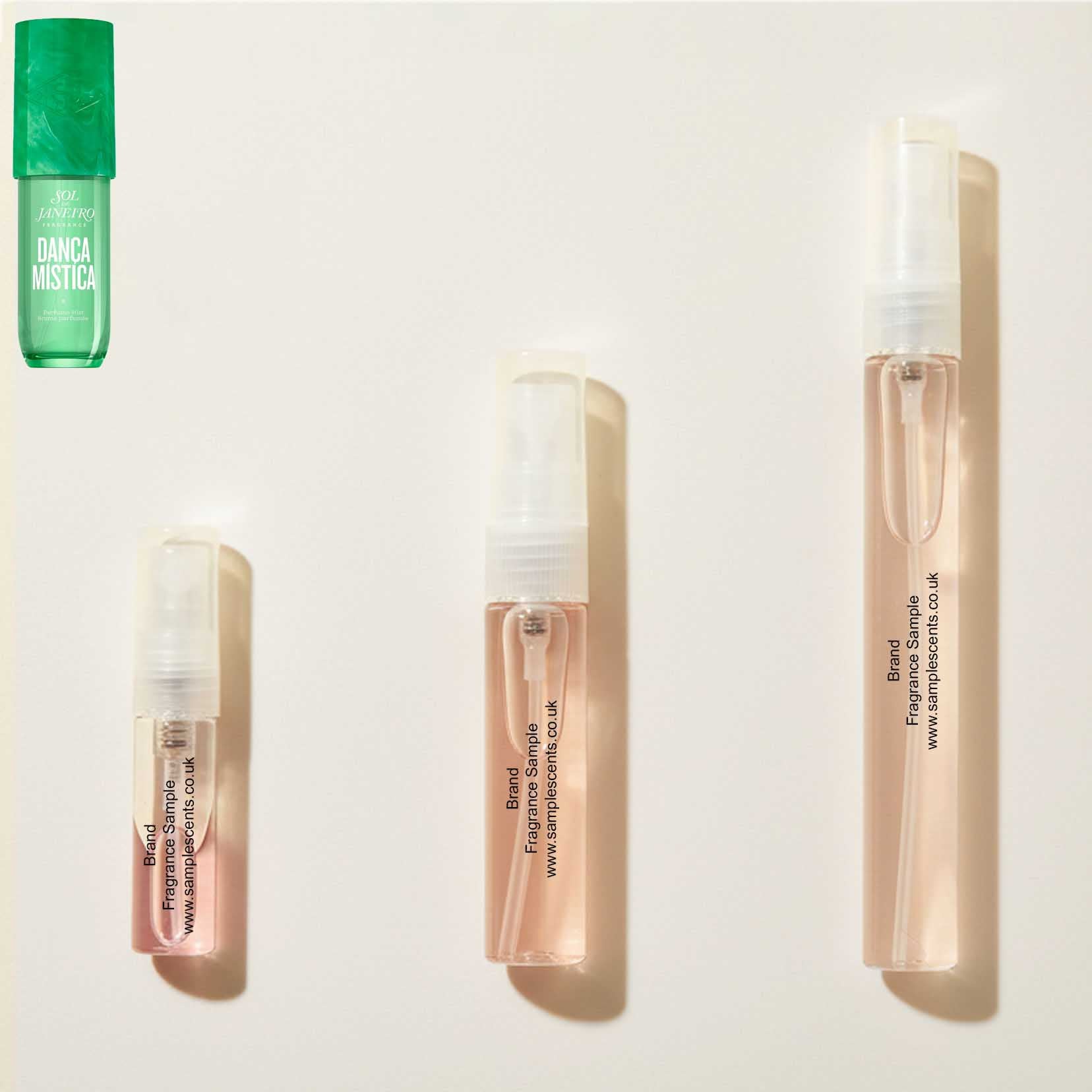 Perfume sample atomisers shown for size reference, hand-decanted from Sol De Janeiro Danca Mistica bottle.